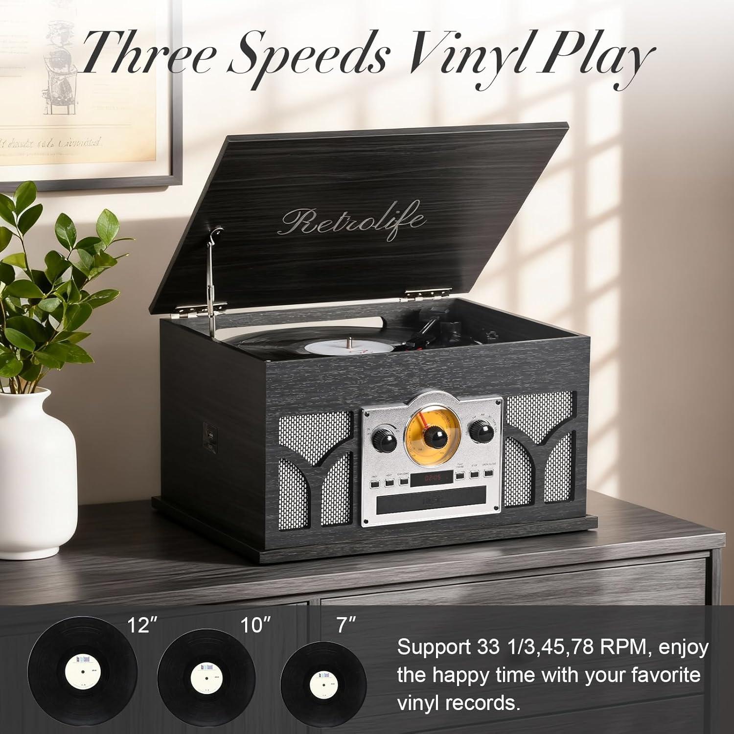 Reproductor de Vinilo 10-en-1 Retrolife Negro con Bluetooth