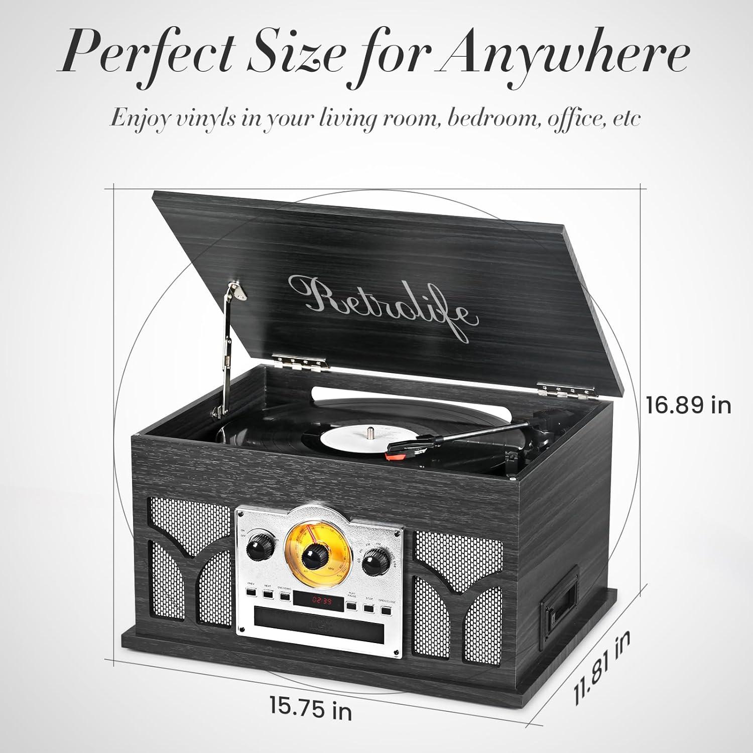 Reproductor de Vinilo 10-en-1 Retrolife Negro con Bluetooth