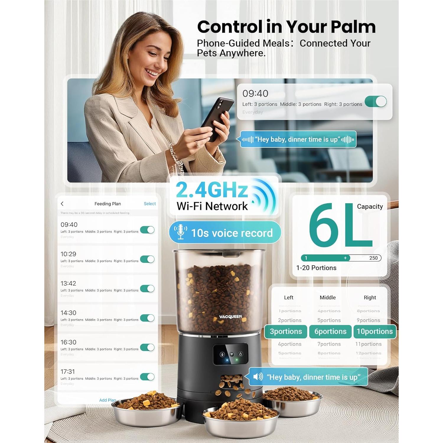 Comedero Automático Vacqueen 6L para Gatos y Perros Pequeños