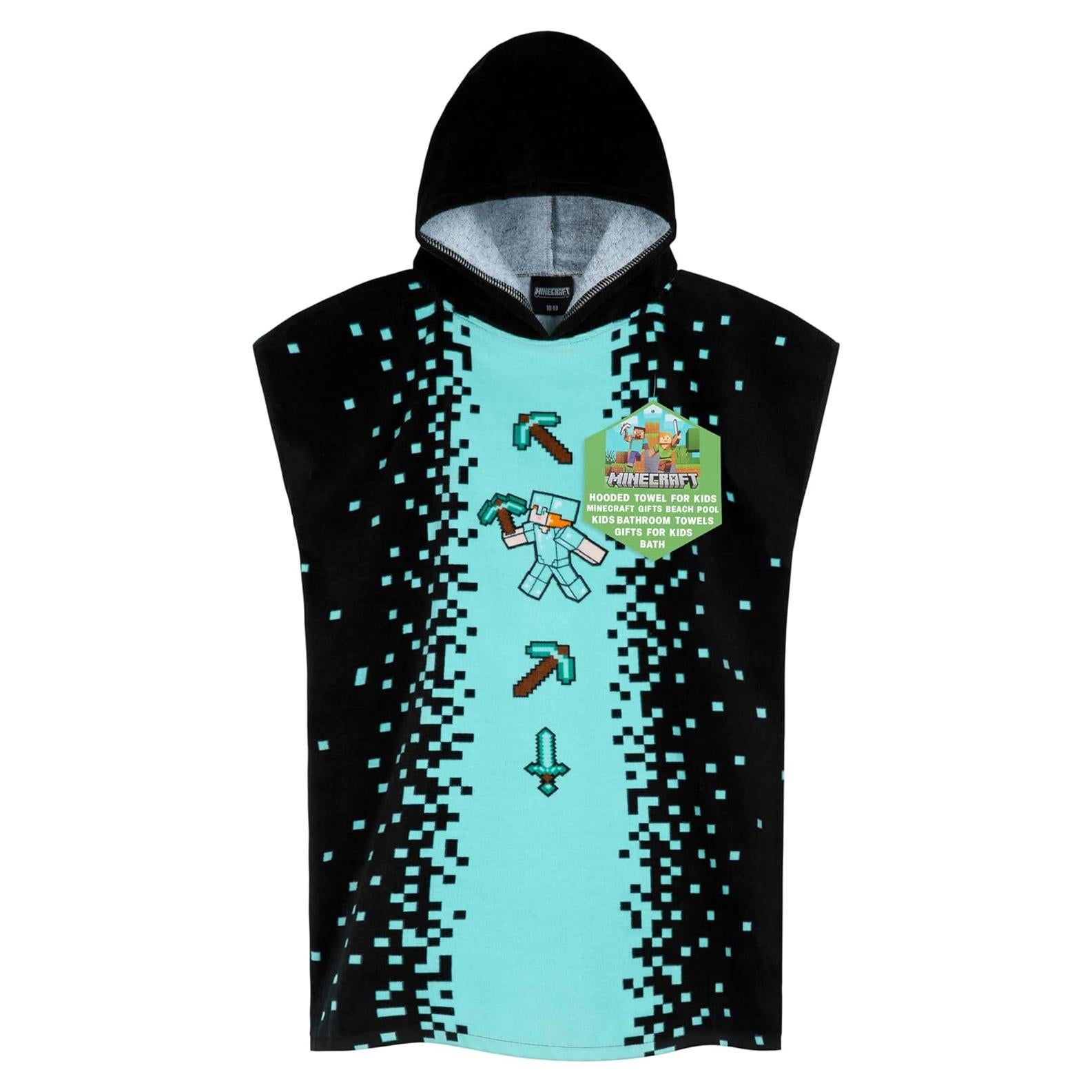 Toalla Poncho Minecraft Niños 6-9 Años Absorbente Negro/Azul