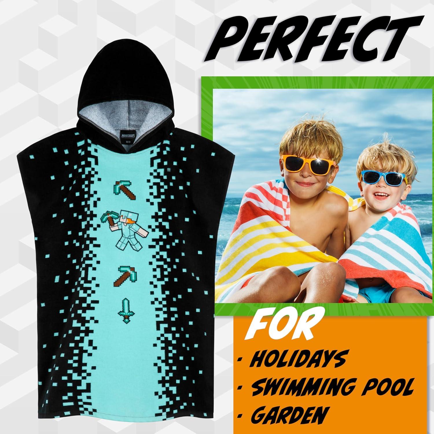 Toalla Poncho Minecraft Niños 6-9 Años Absorbente Negro/Azul