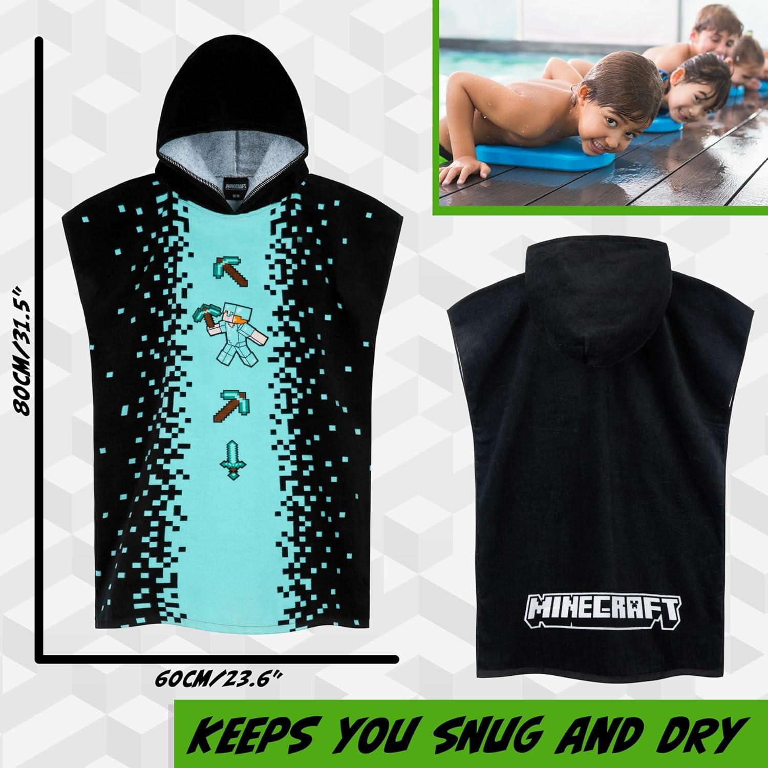 Toalla Poncho Minecraft Niños 6-9 Años Absorbente Negro/Azul