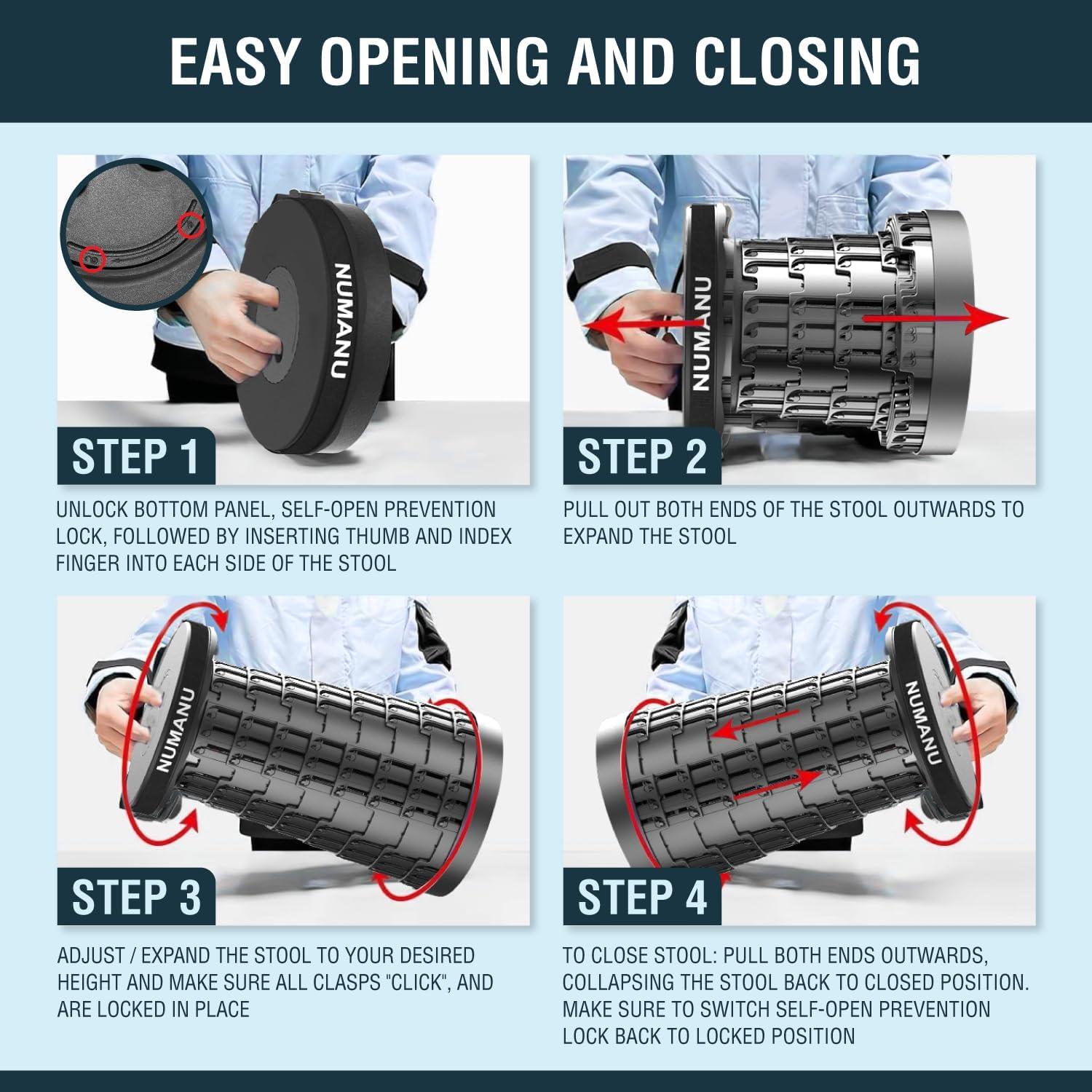 Taburete Plegable NUMANU 2025 Ajustable 620kg Portátil