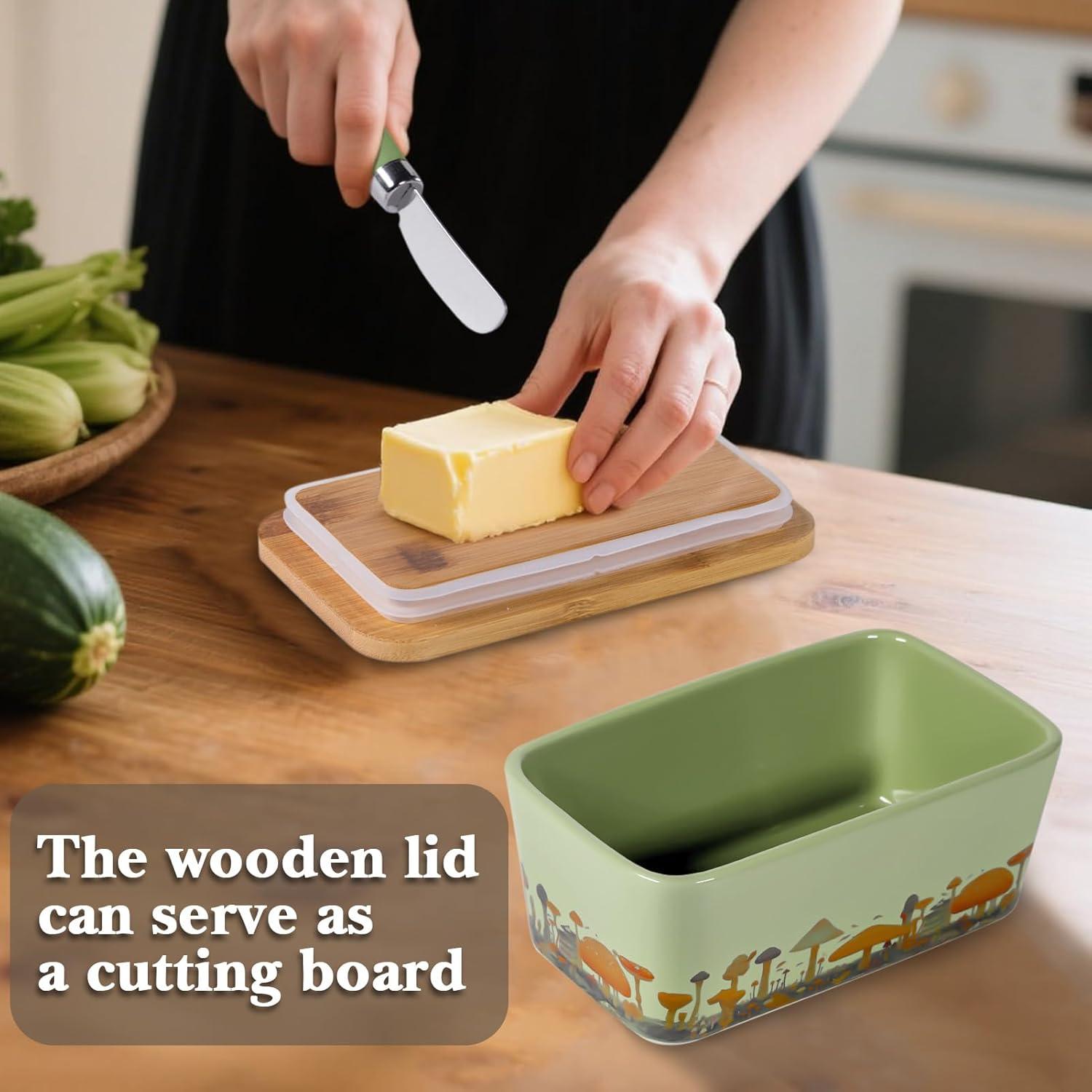 Plato de Mantequilla Craftmastudio con Tapa de Madera Verde Menta