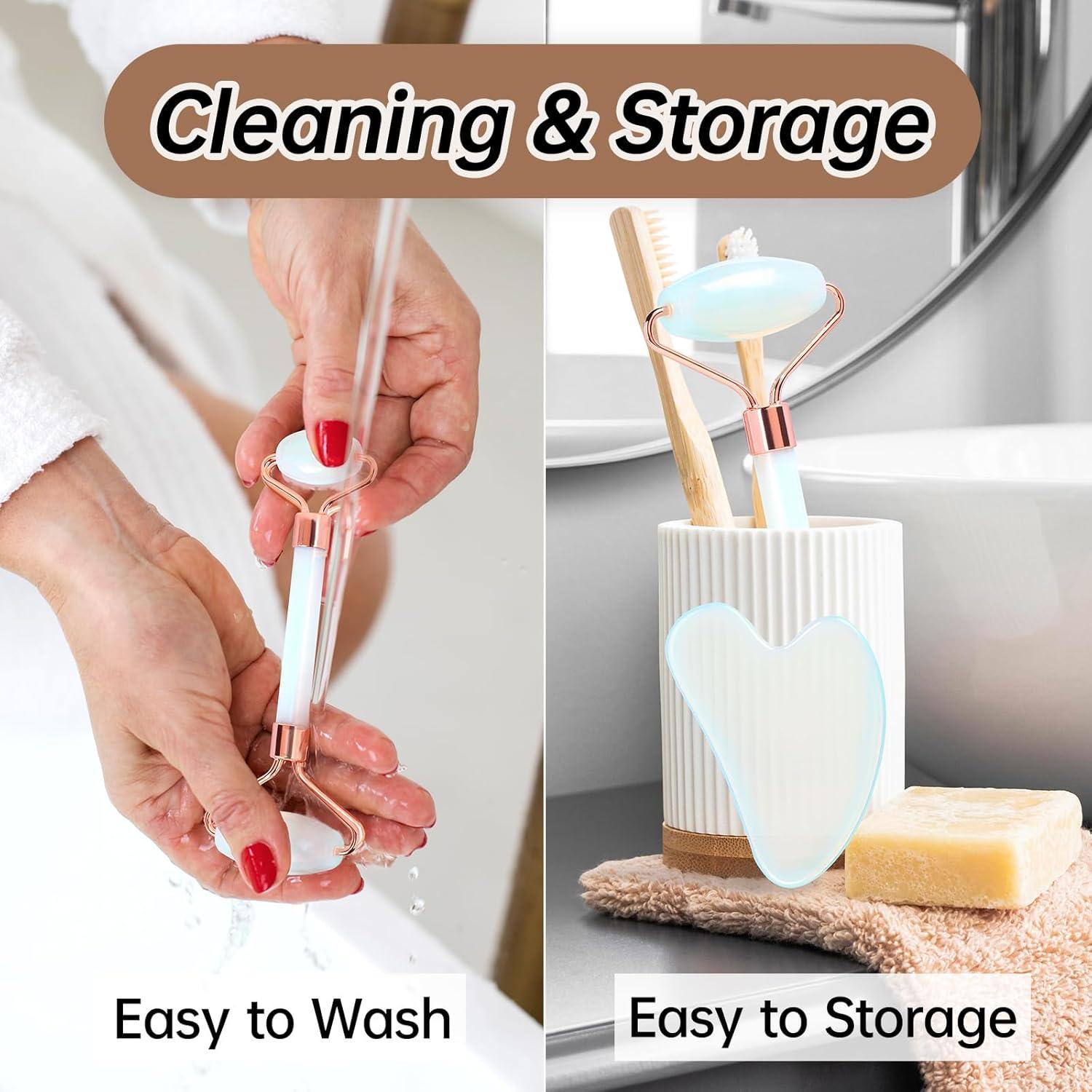 Set Gua Sha y Rodillo Facial Olaemuo - Ópalo Natural