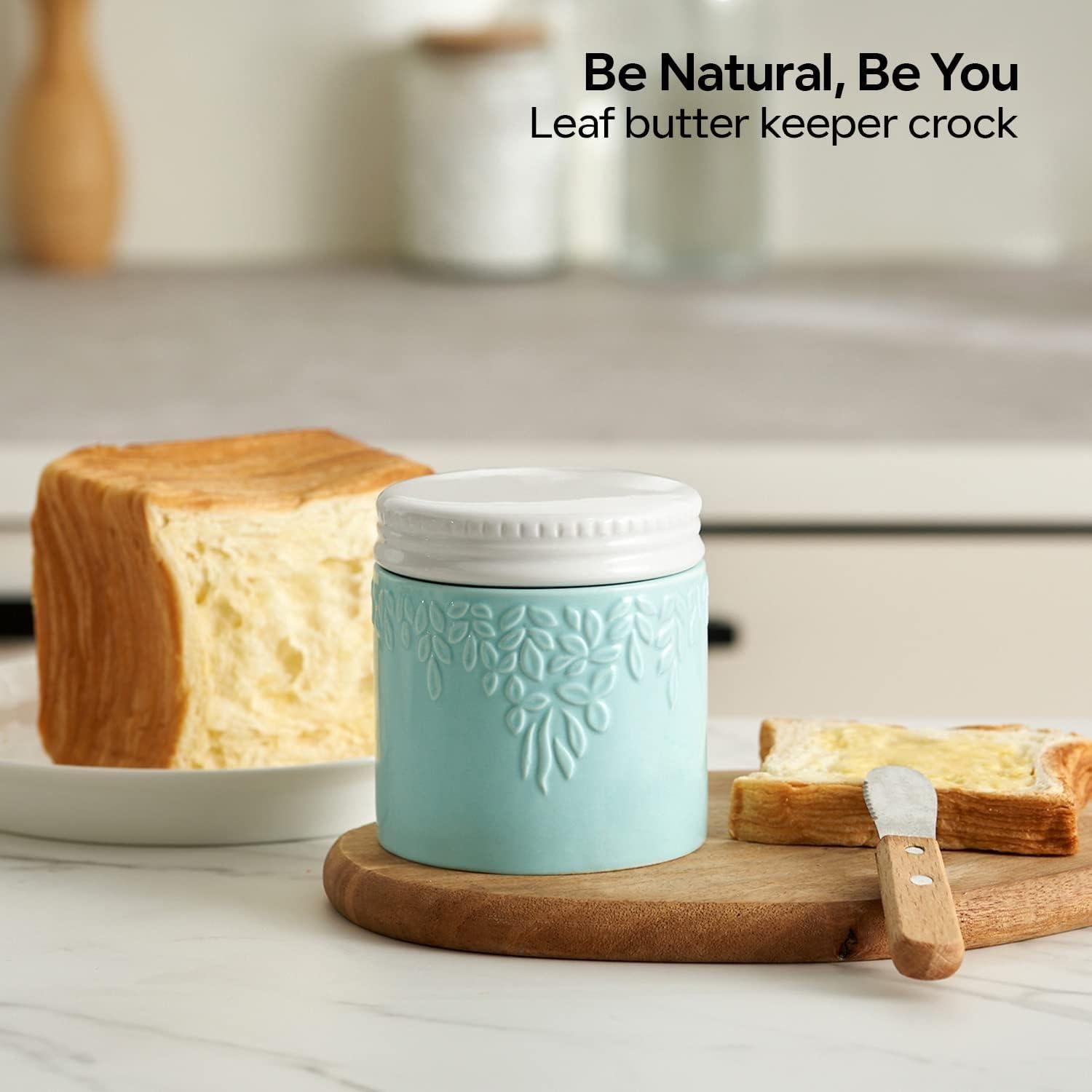 Crock de Mantequilla Toptier Hoja Azul 113g con Tapa