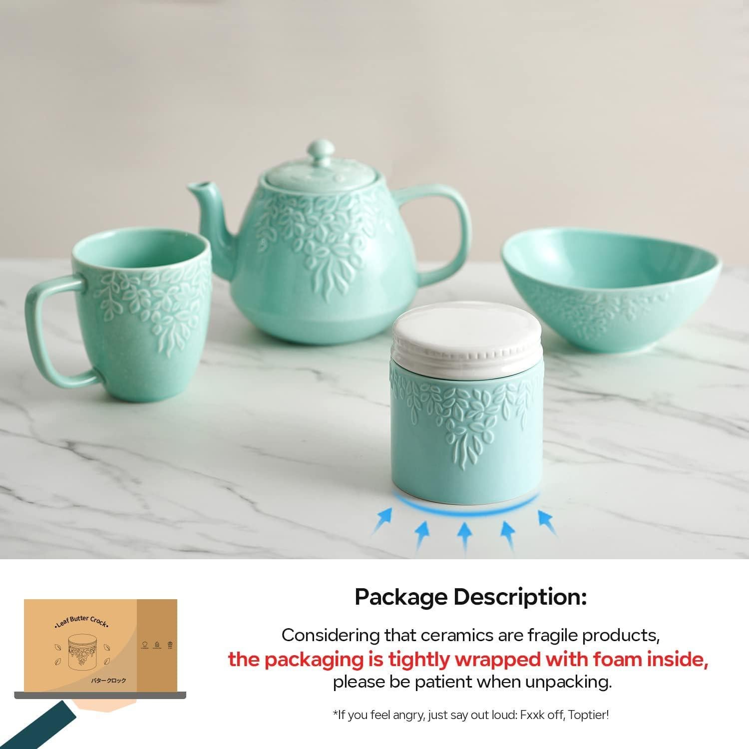 Crock de Mantequilla Toptier Hoja Azul 113g con Tapa