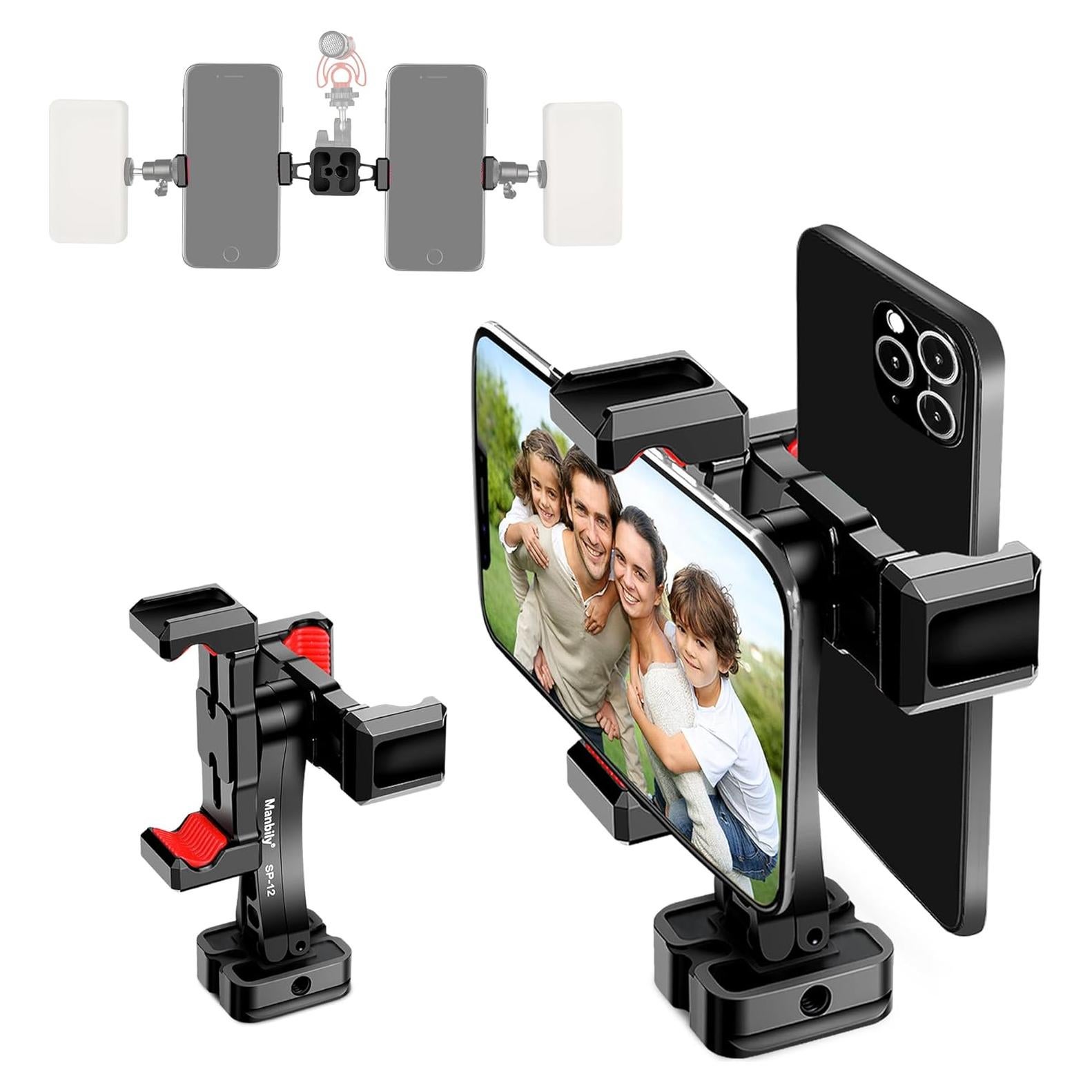 Soporte de trípode para teléfono Manbily SP-12, metal, dual 360°