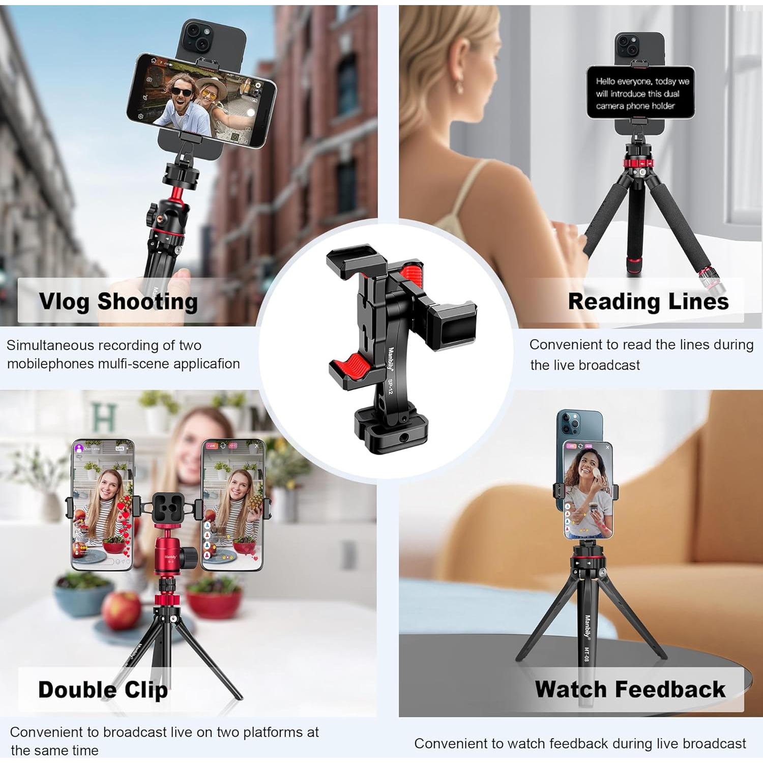 Soporte de trípode para teléfono Manbily SP-12, metal, dual 360°