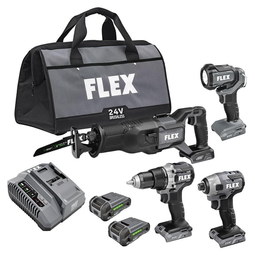 Kit de Herramientas Inalámbricas FLEX 24V - Taladro, Destornillador, Sierra y Luz