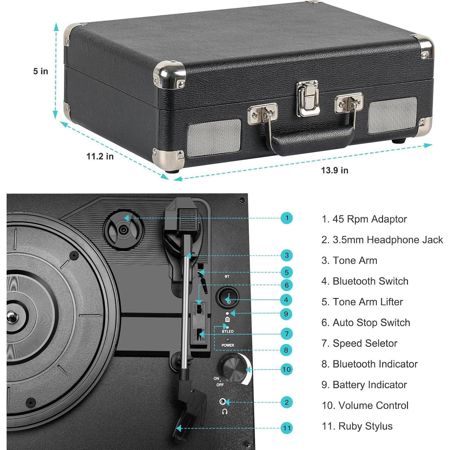 Reproductor de Vinilo Portátil PAREIKO T316 Bluetooth 3 Velocidades