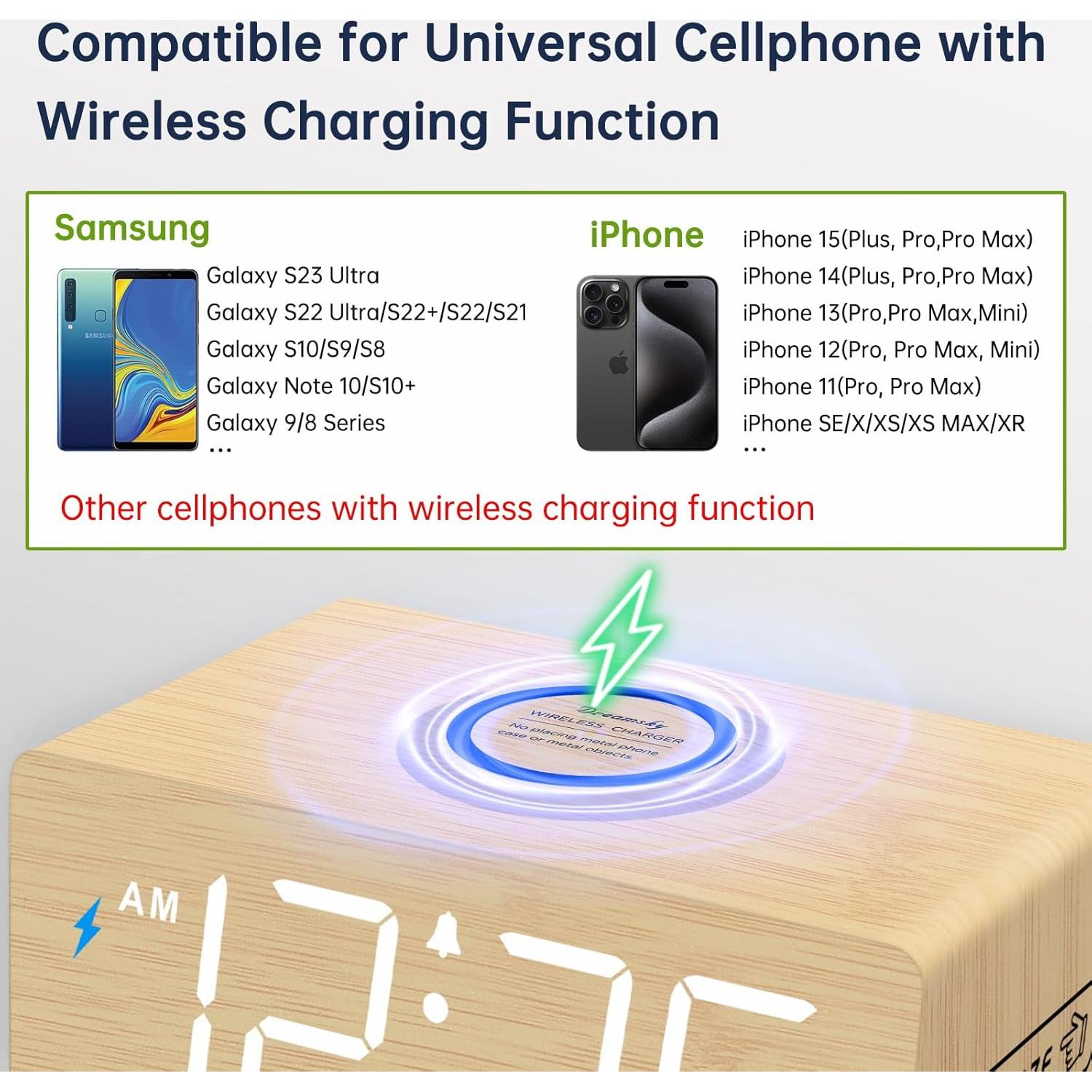 Reloj Despertador Digital DreamSky de Madera con Carga Inalámbrica