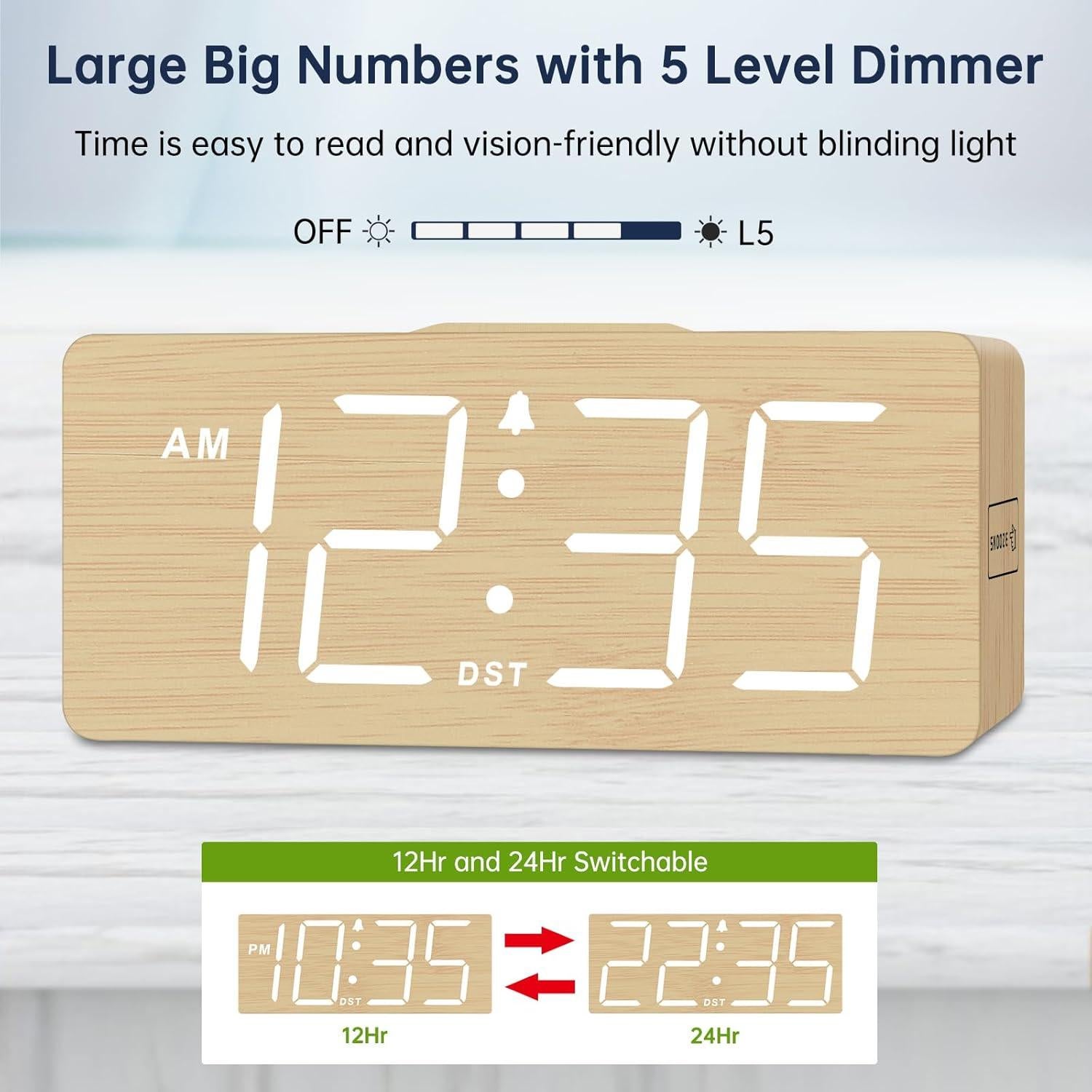 Reloj Despertador Digital DreamSky de Madera con Carga Inalámbrica
