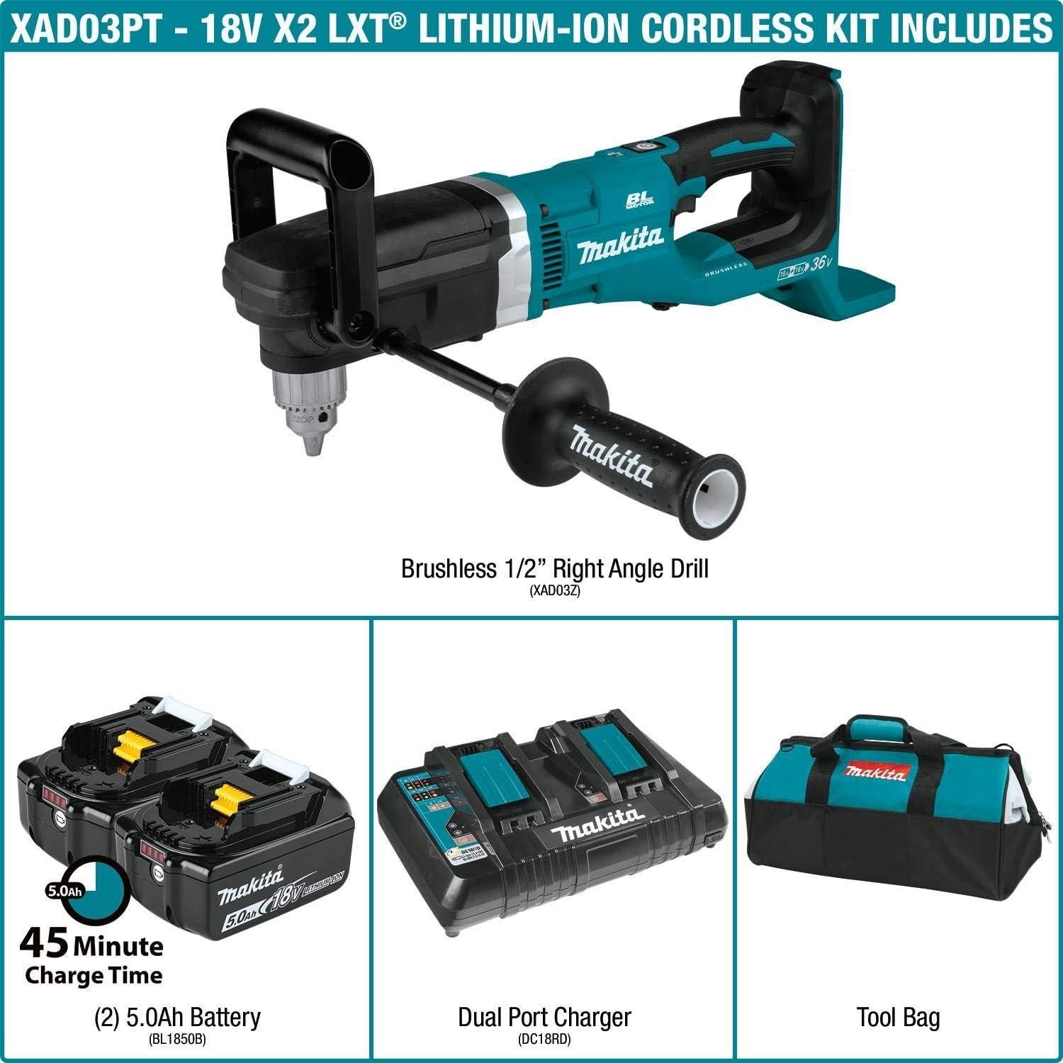 Taladro Angular Inalámbrico Makita XAD03PT 36V Kit 5.0Ah