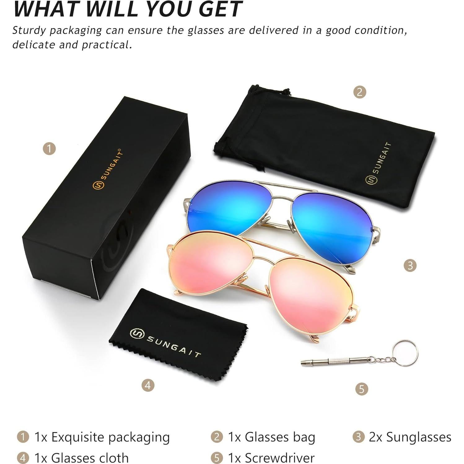 Gafas de sol aviador SUNGAIT - 2 pares polarizados espejados