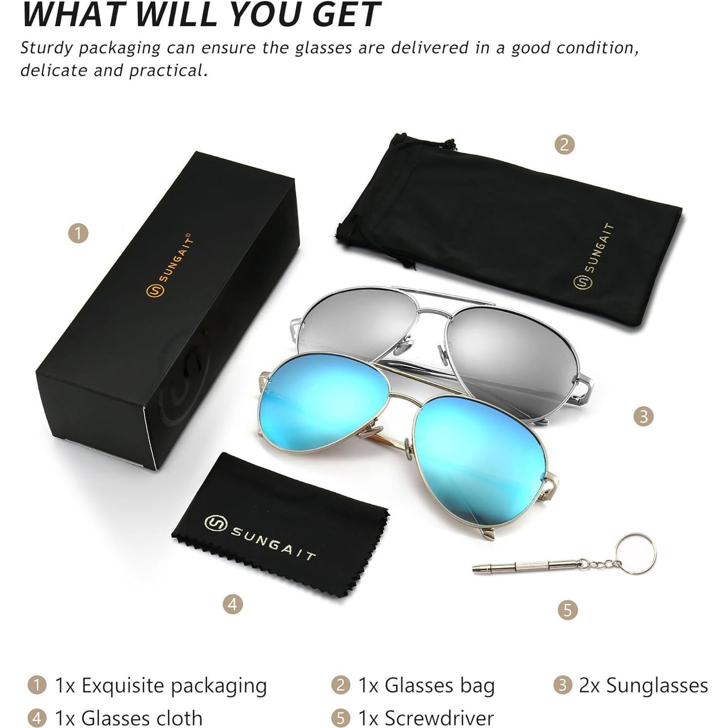 Gafas de sol aviador SUNGAIT - 2 pares polarizados para mujer