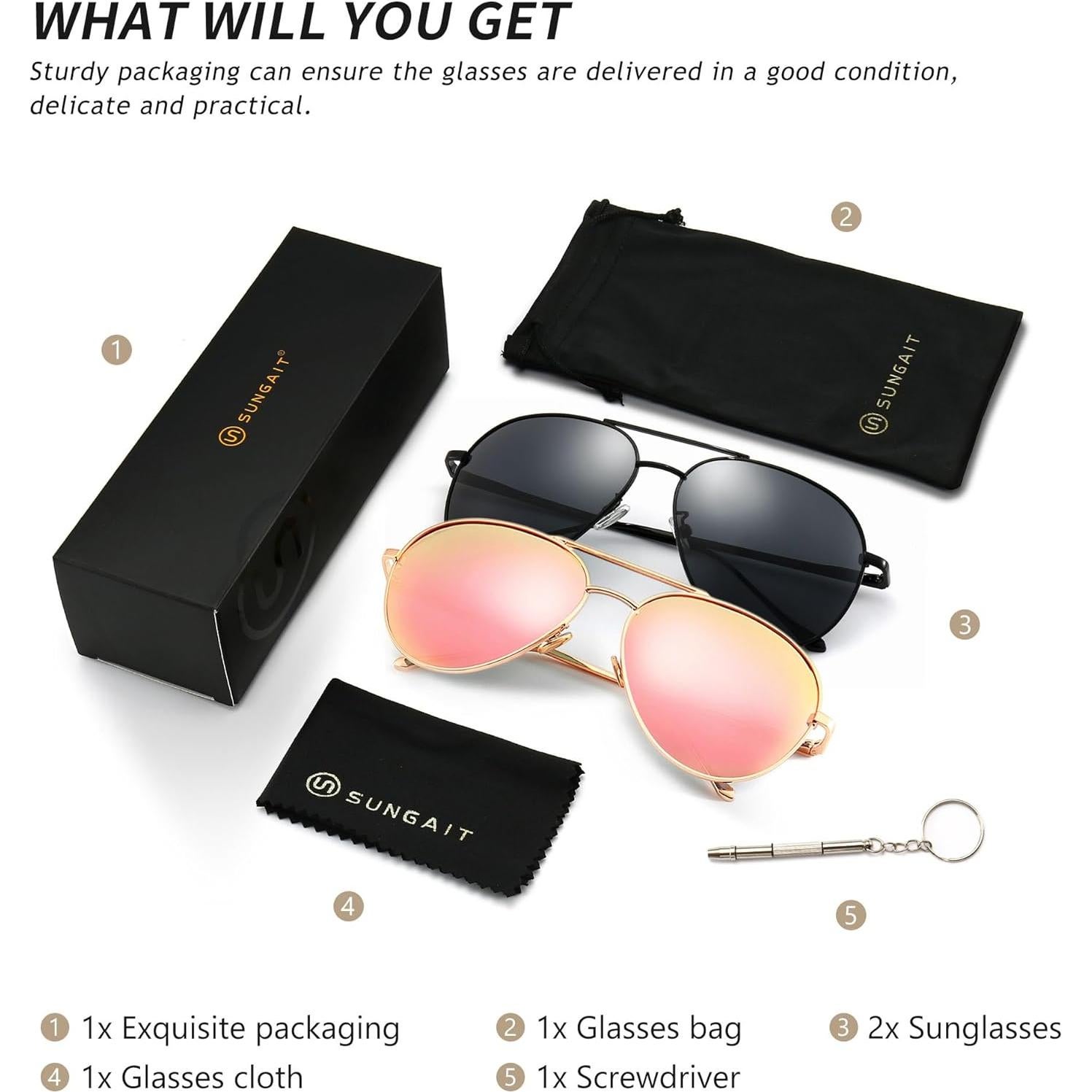 Gafas de sol aviador SUNGAIT - 2 pares polarizados ligeras