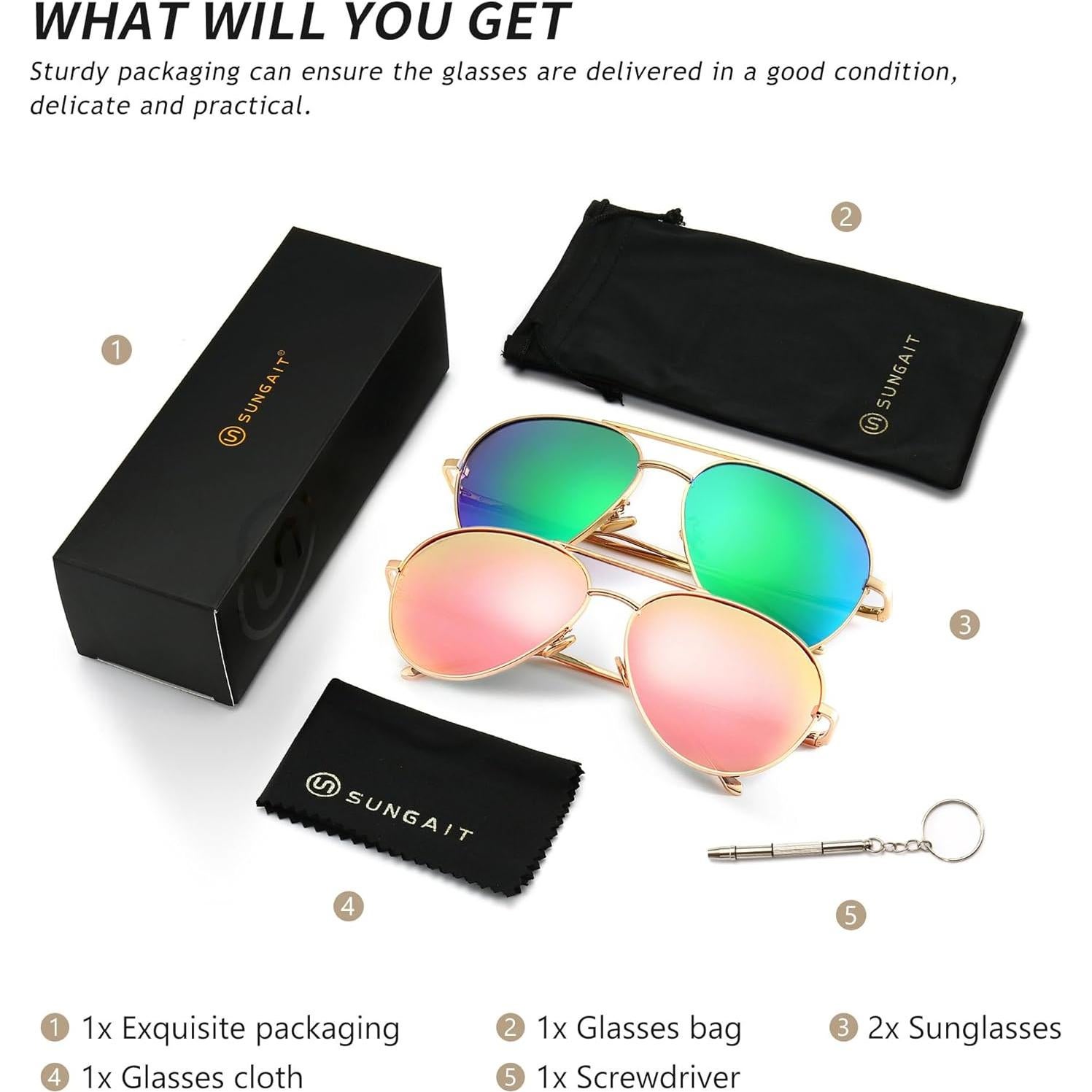 Gafas de sol aviador grandes SUNGAIT - Lentes polarizados 2 pares