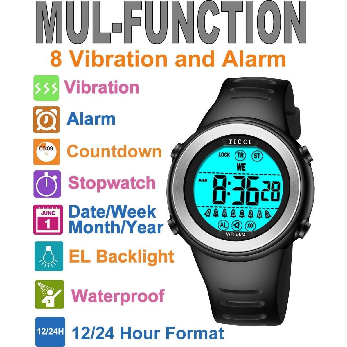 Reloj de Alarma Vibrante TICCI Unisex Impermeable 8 Alarmas