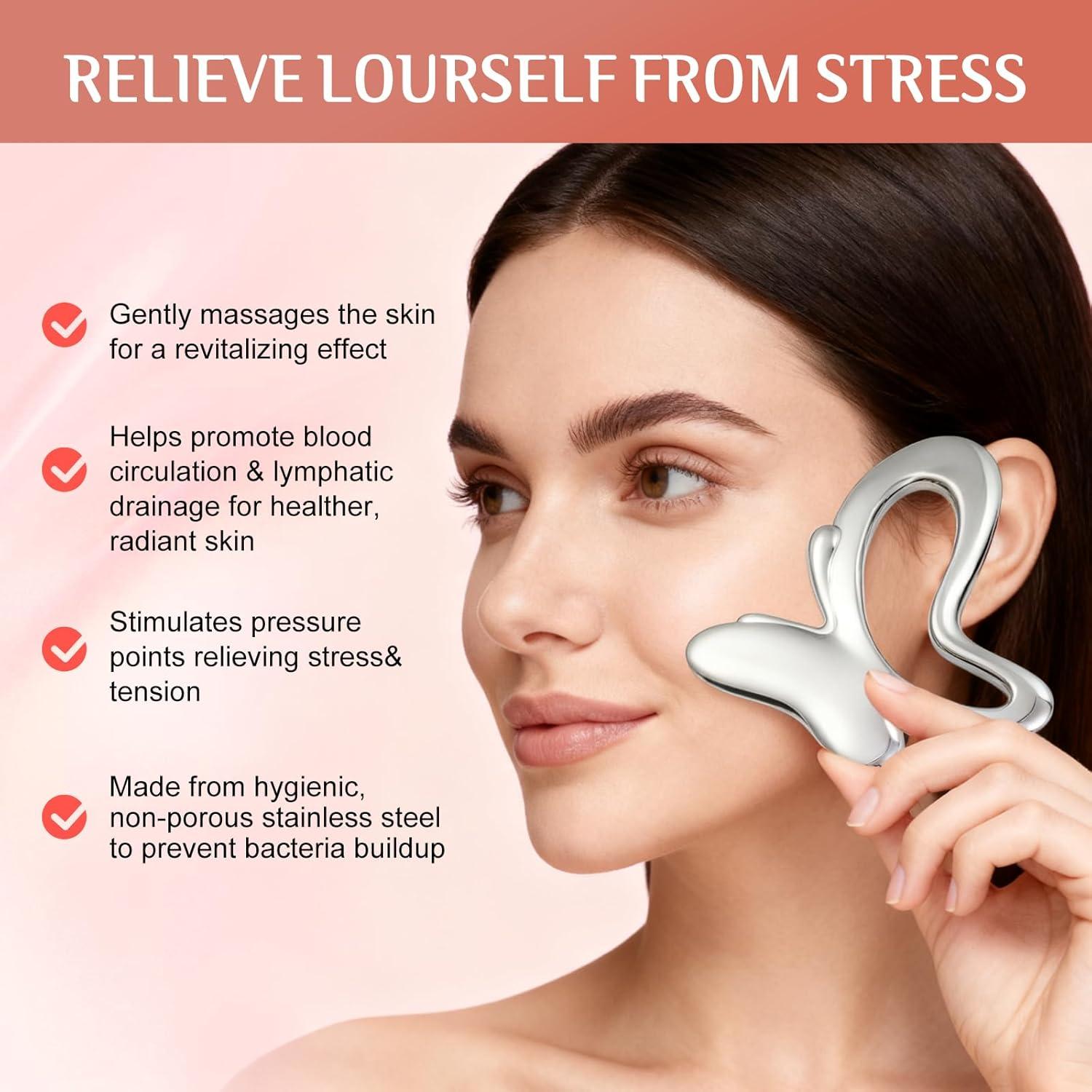 Gua Sha y Rodillo Facial Acero Inoxidable - Masaje Drenaje Linfático