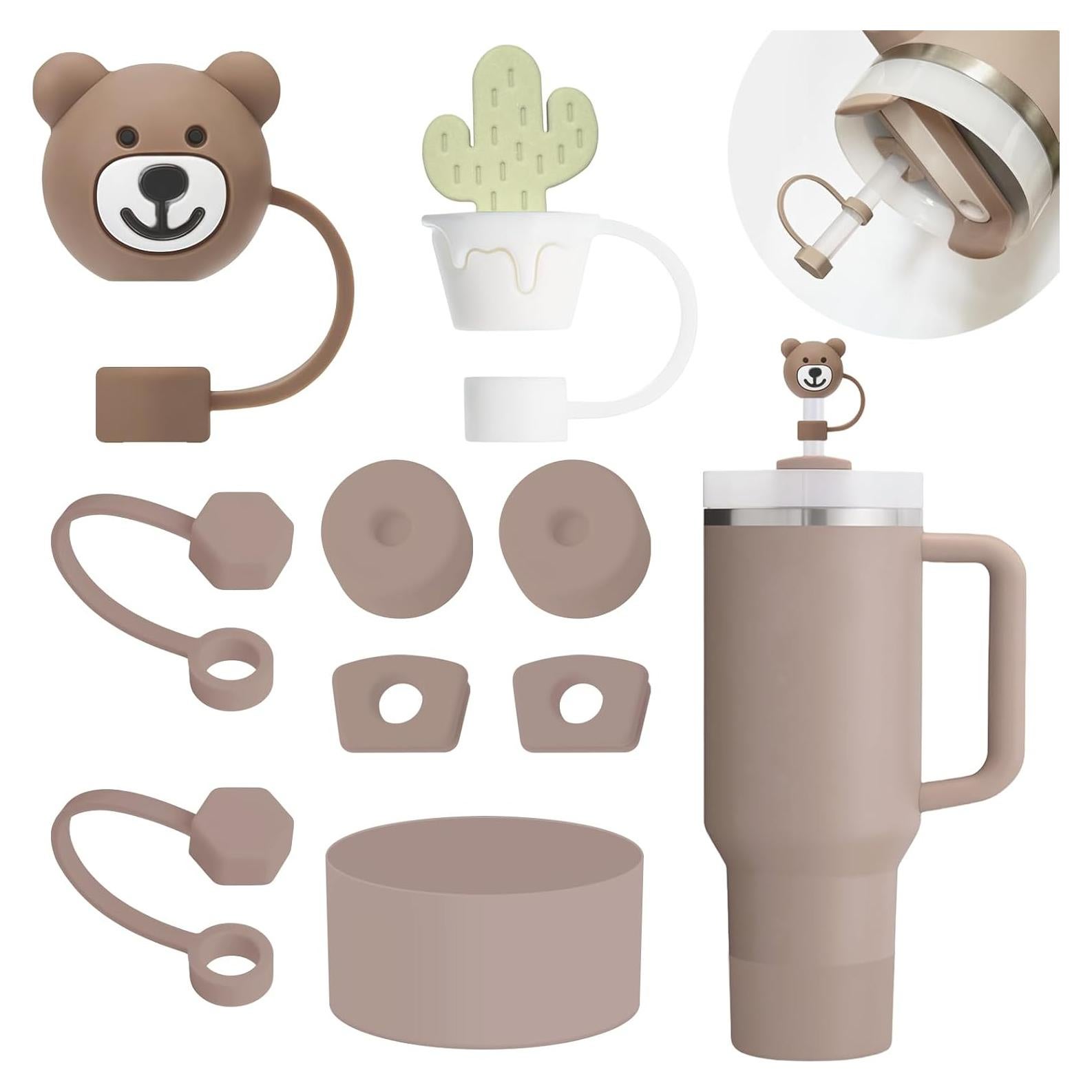 Cup Accessories Set Includes 6Pcs Silicone Spill Proof Stopper, 2Pcs Straw Cover Cap for 9-10 mm Straw, 1Pcs Silicone Boot Compatible with Stanley Cup 40oz&30oz Tumbler (Almond Rose)