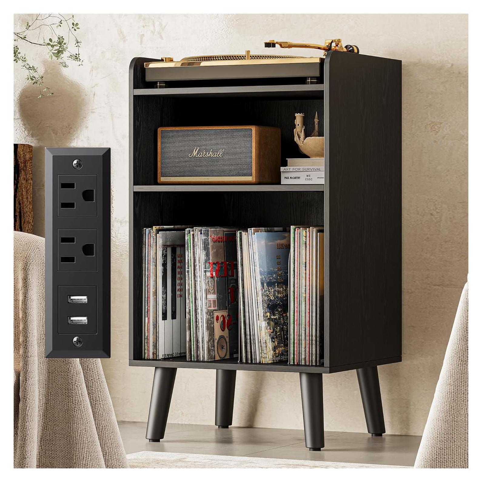 Soporte para Tocadiscos Astimey Negro con Almacenamiento y Carga