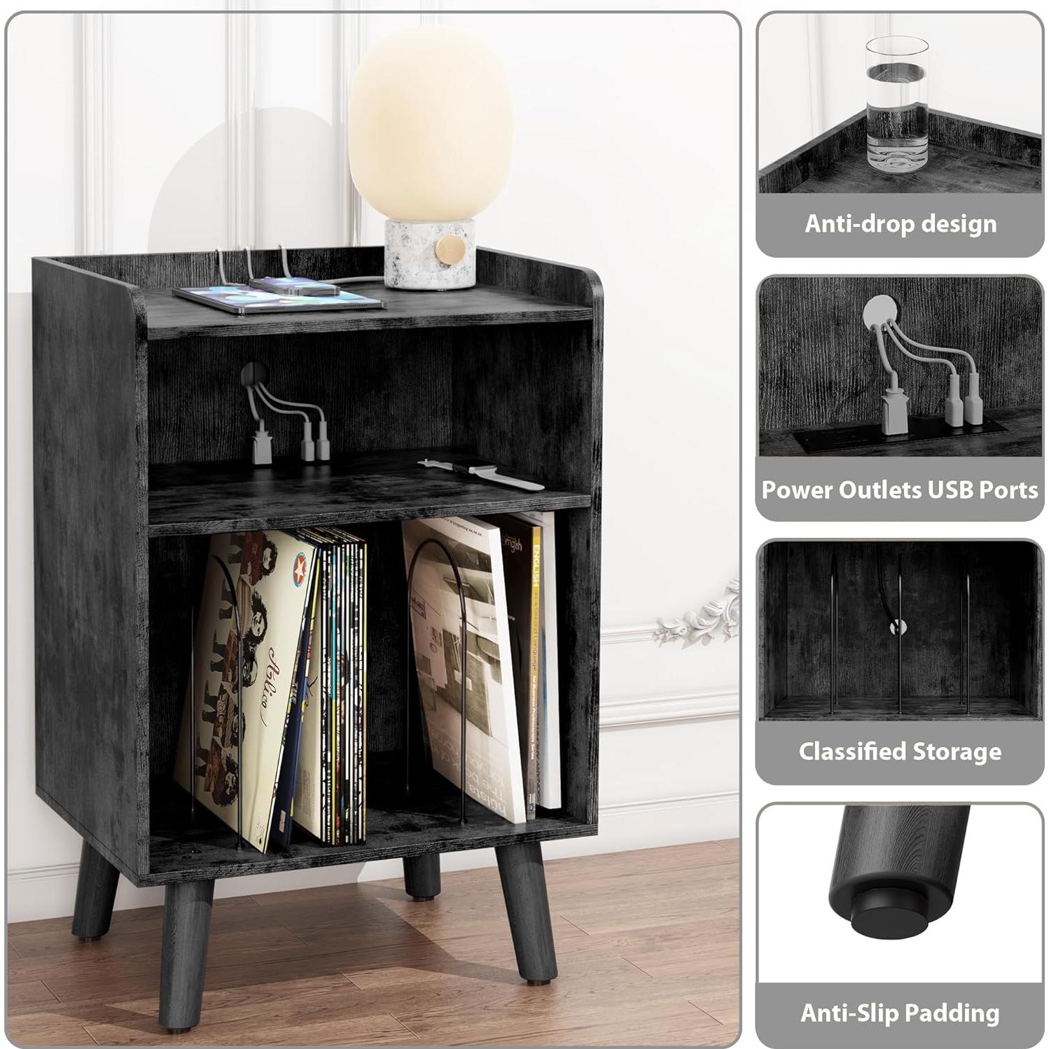 Soporte para Tocadiscos Astimey Negro con Almacenamiento y Carga