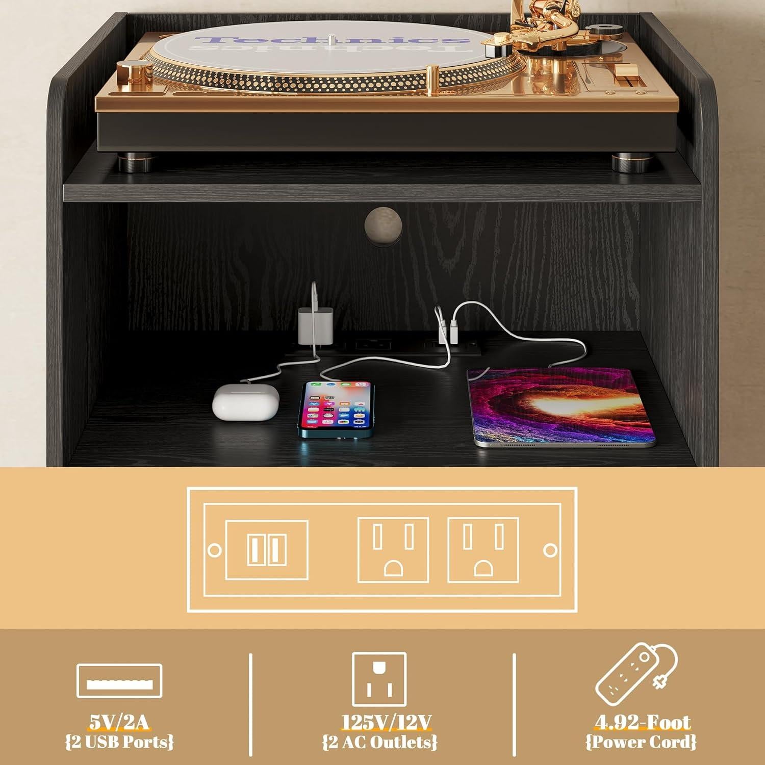 Soporte para Tocadiscos Astimey Negro con Almacenamiento y Carga