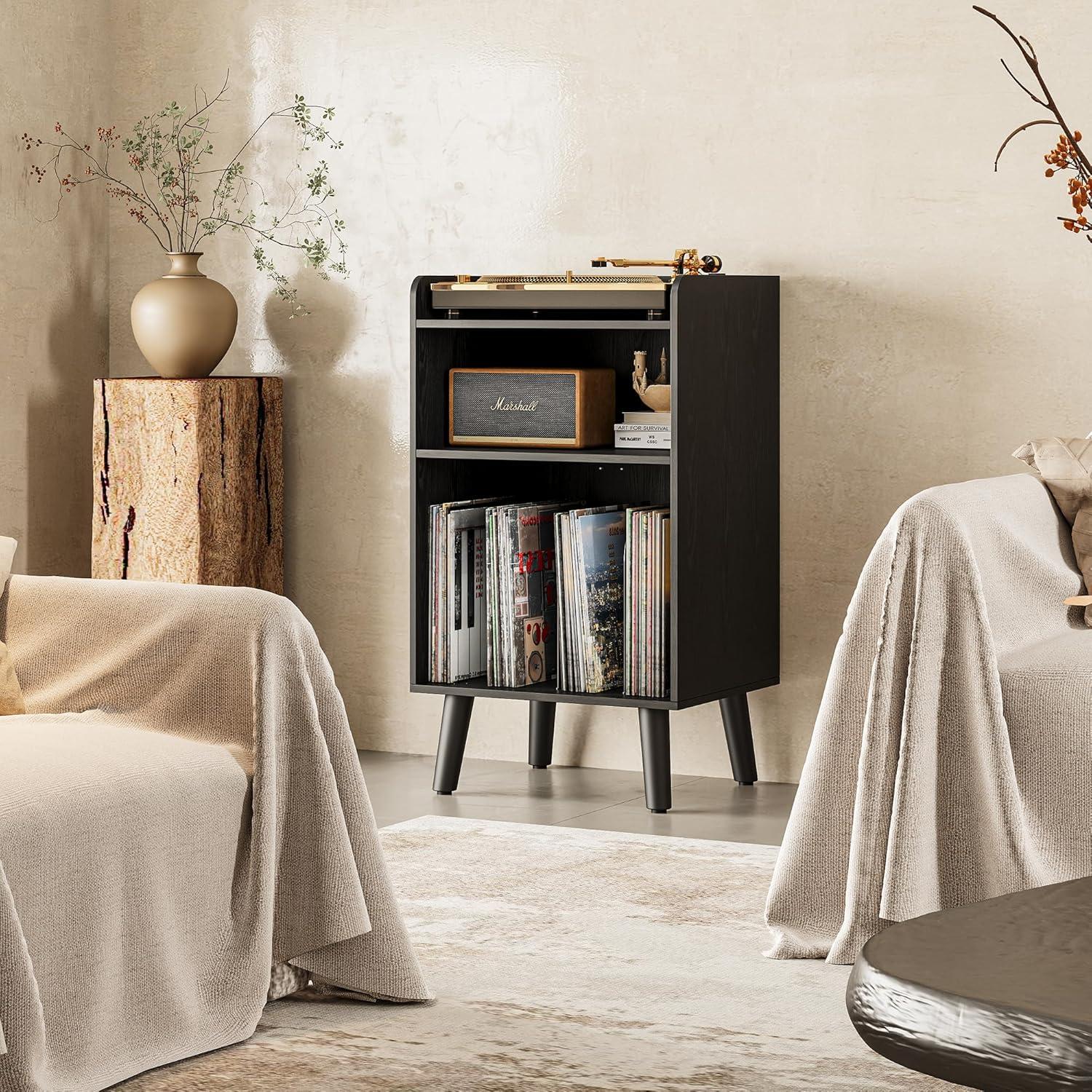 Soporte para Tocadiscos Astimey Negro con Almacenamiento y Carga