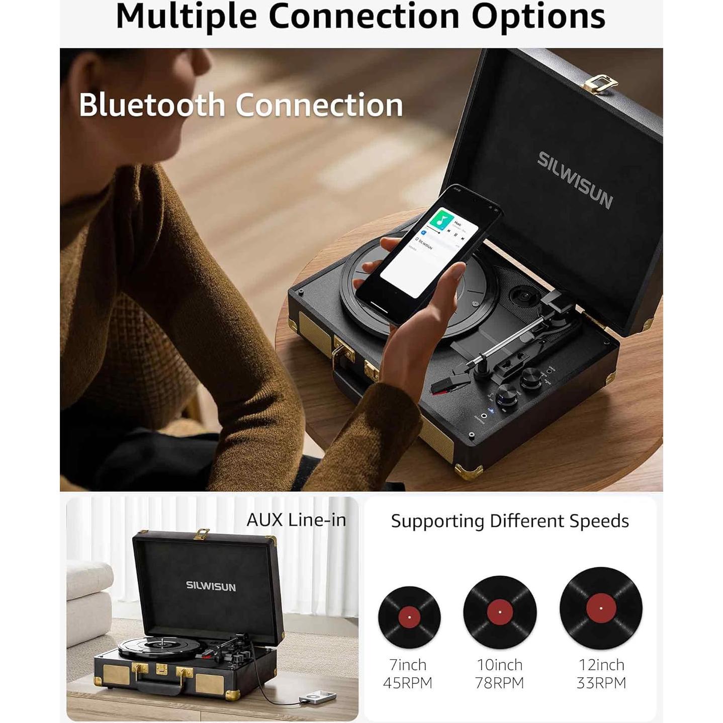 Reproductor de Vinilo Portátil Silwisun Rosa Bluetooth 3 Velocidades