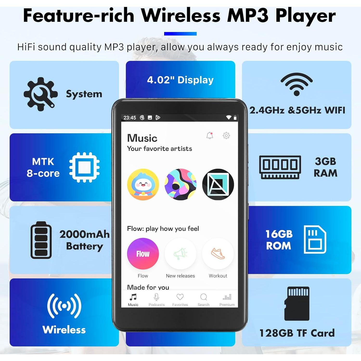 Reproductor MP3 Bluetooth 16GB KeenPlus RAM-3G-16G Pantalla 4"