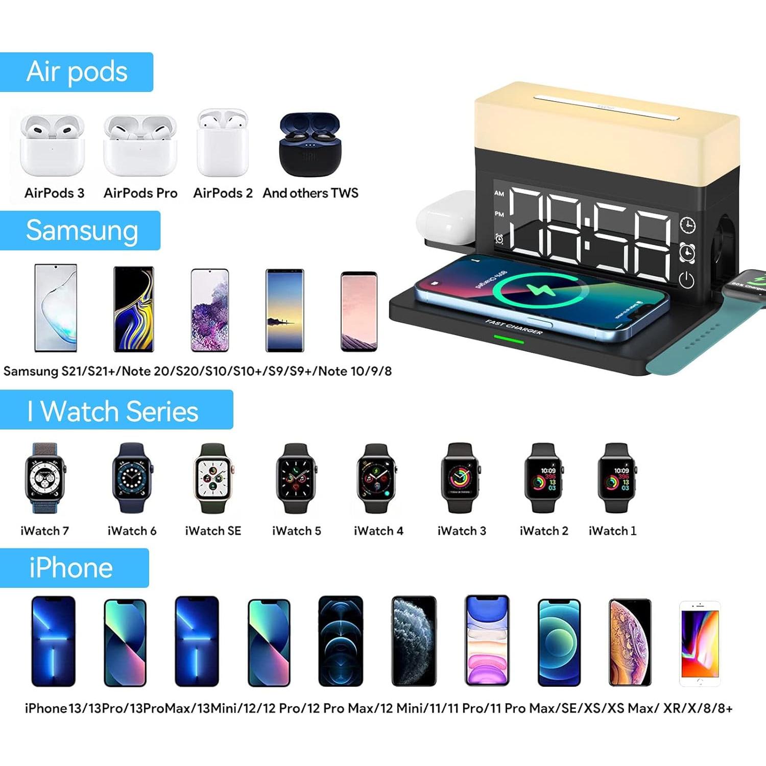 Estación de Carga Inalámbrica 3 en 1 YTFGGY con Reloj y Luz