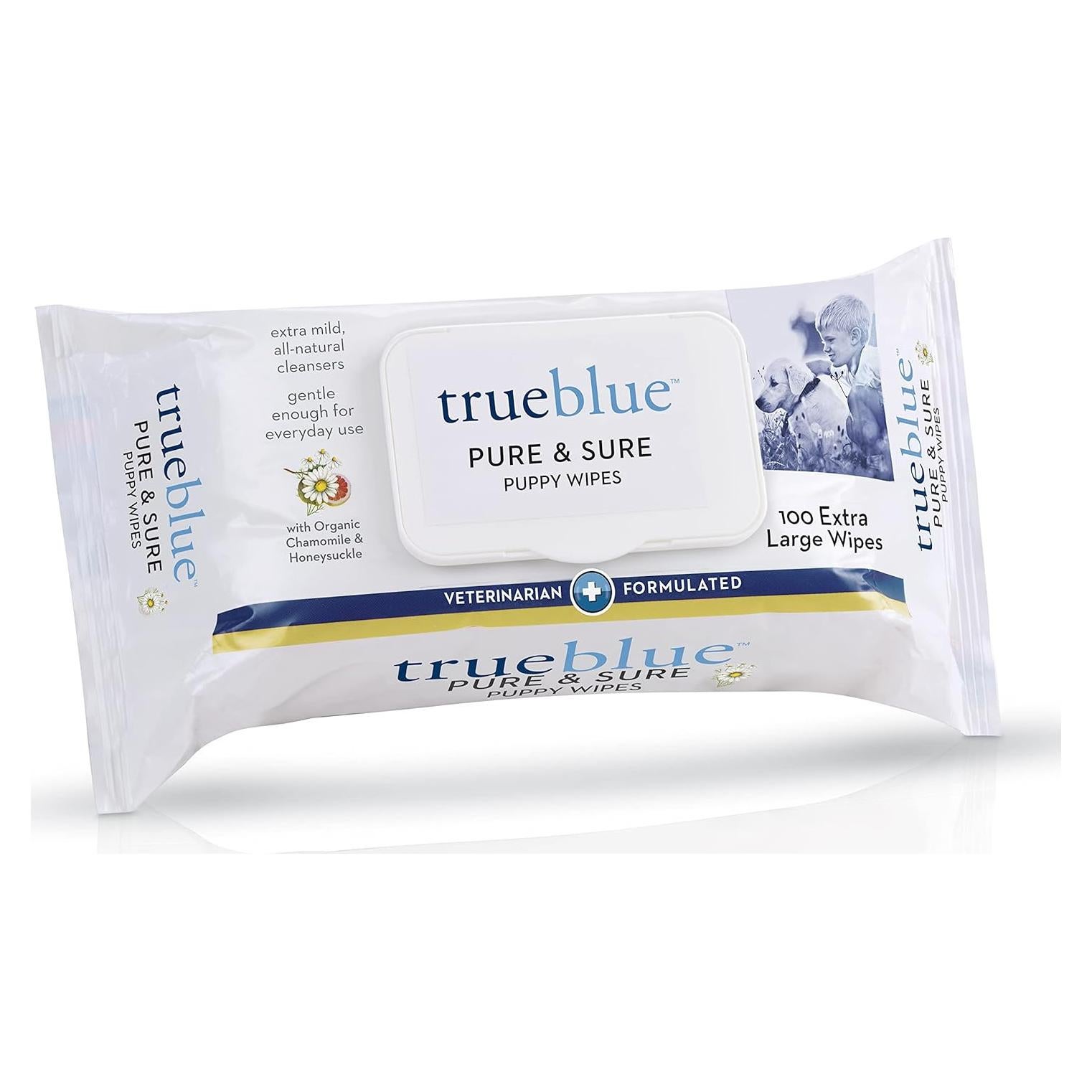 TrueBlue Chamomile & Honeysuckle Pure & Sure Puppy Wipes – Pre-Moistened Puppy Pads for Cleaning Dirty Paws, Coats, Dog Hair – Extra Large – 8”x7” – 100 Count