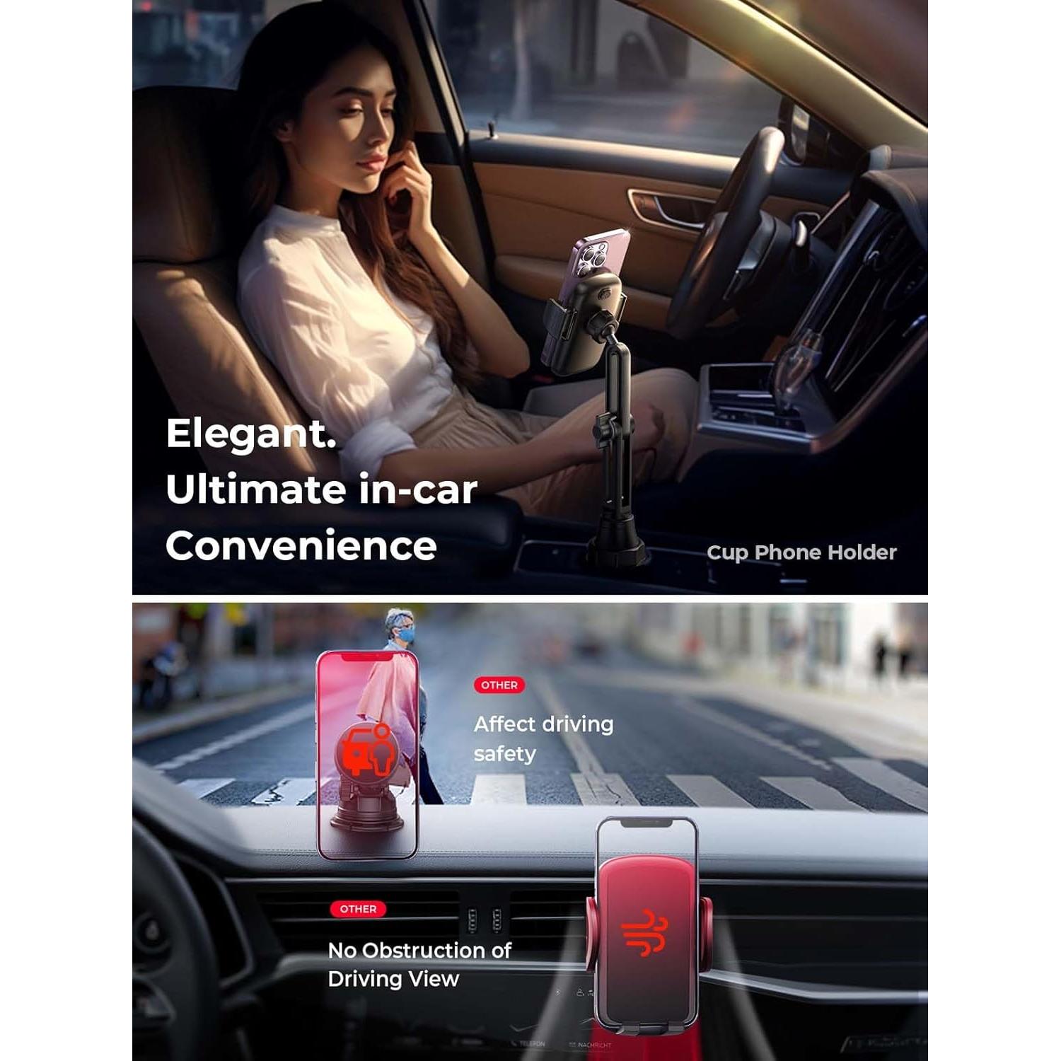 LISEN Upgraded Version Cup Holder Phone Holder 360° Adjustable Long Neck Car Phone Mount Golf Cart Phone Holder, Truck Jeep Accessories for iPhone 17 Air Pro Samsung Google and All 4-7'' Phone,Black