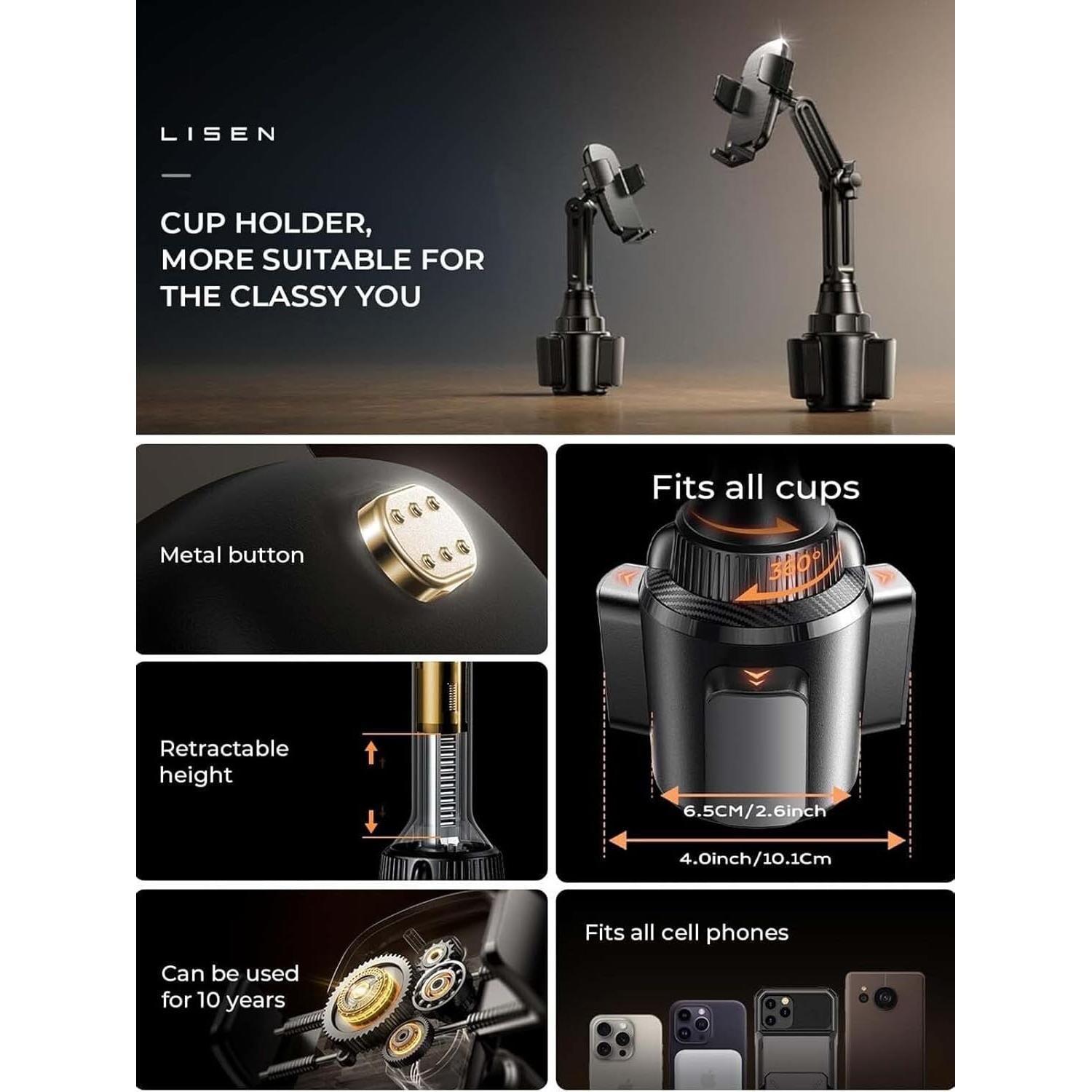 LISEN Upgraded Version Cup Holder Phone Holder 360° Adjustable Long Neck Car Phone Mount Golf Cart Phone Holder, Truck Jeep Accessories for iPhone 17 Air Pro Samsung Google and All 4-7'' Phone,Black