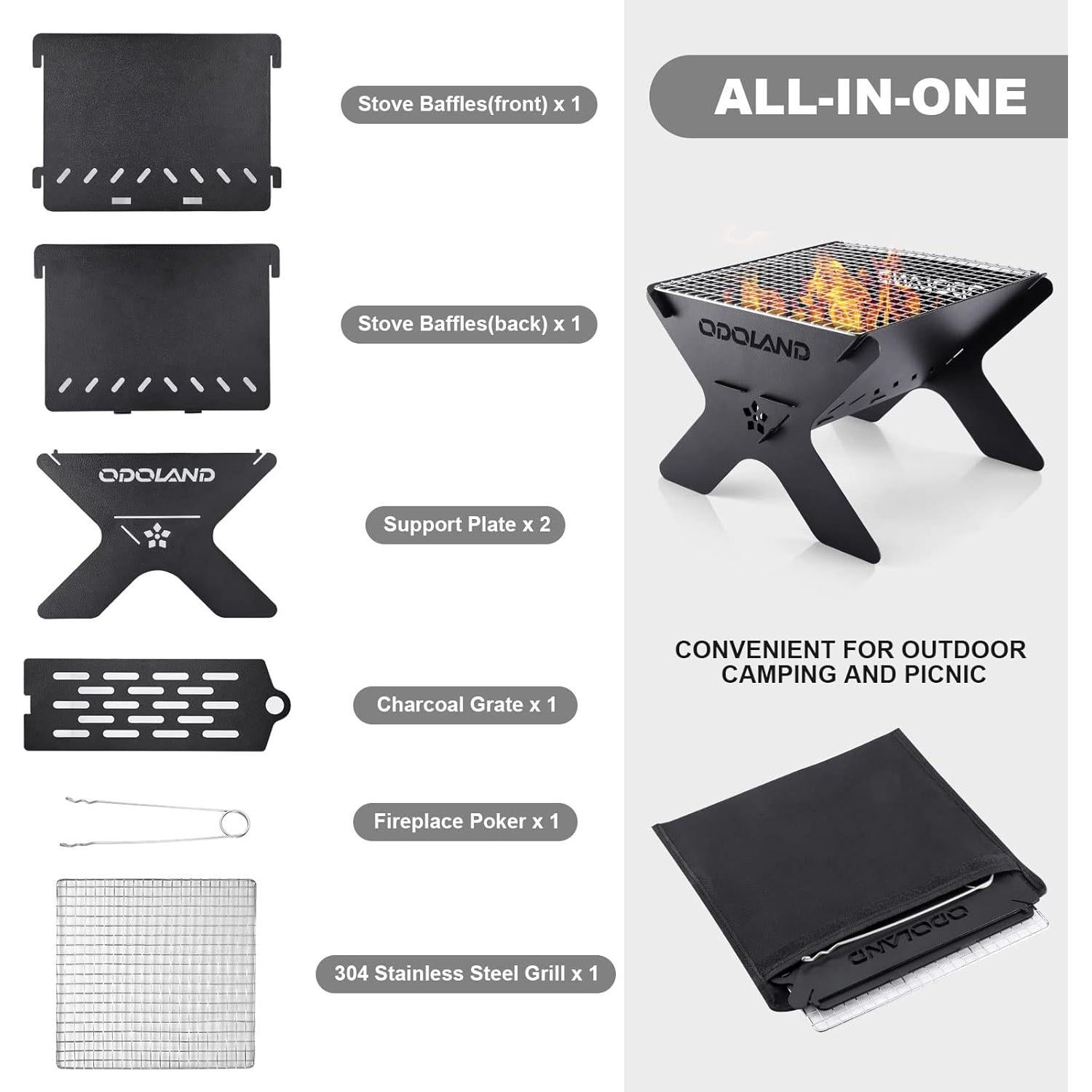 Parrilla de Camping Odoland Plegable 30 cm Carbón Portátil