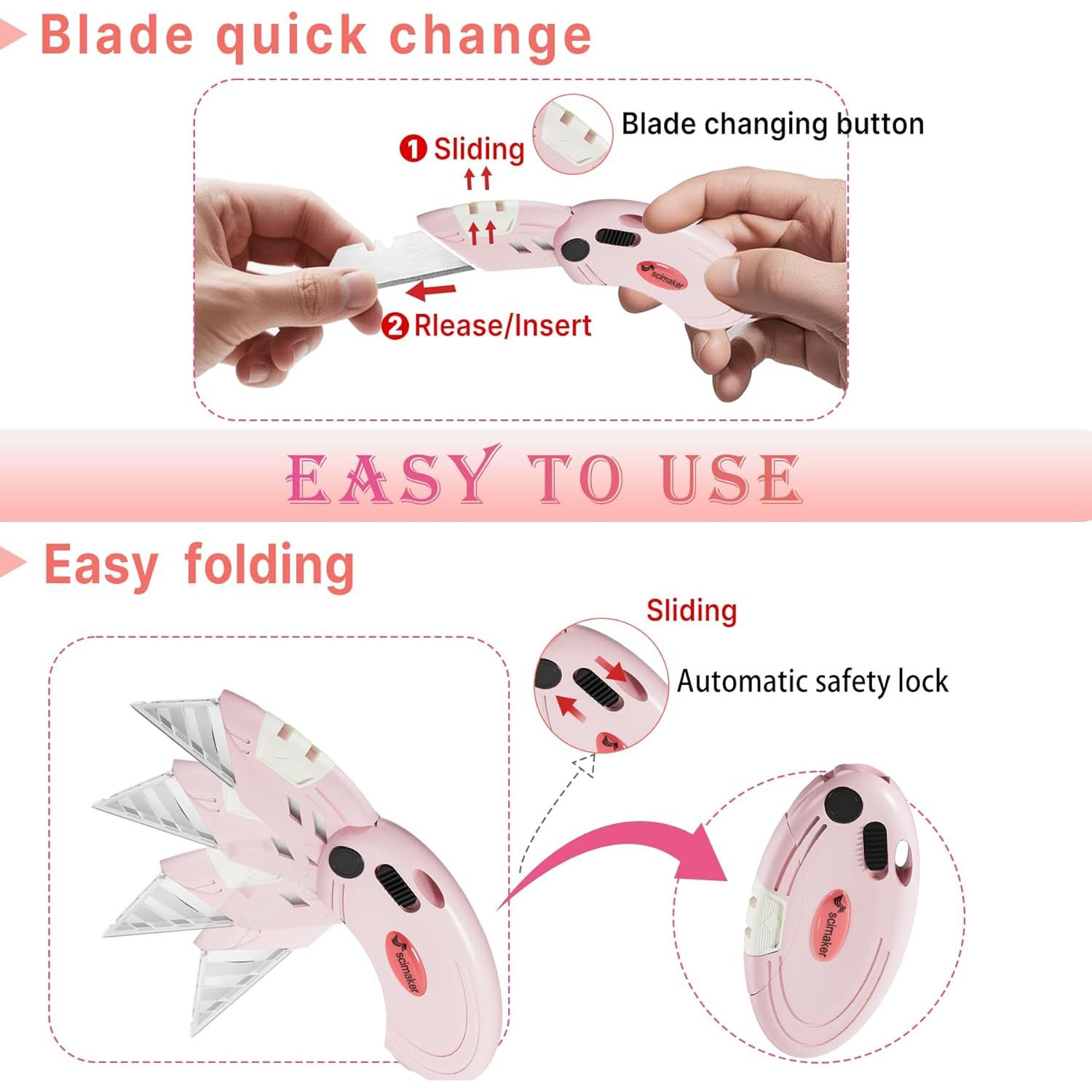 Cuchillos Utility Plegables Scimaker Rosa - 4 Paquete con 10 Cuchillas