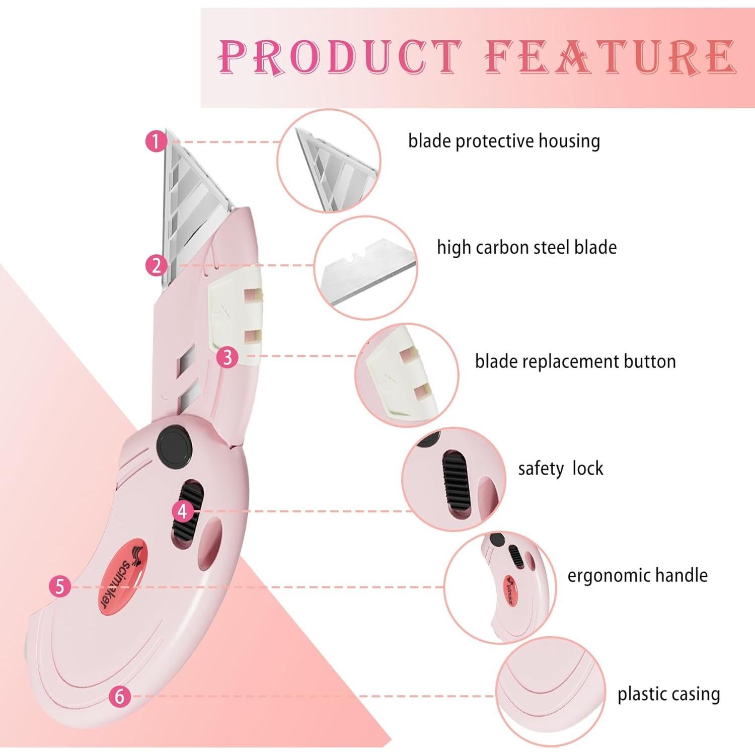 Cuchillos Utility Plegables Scimaker Rosa - 4 Paquete con 10 Cuchillas