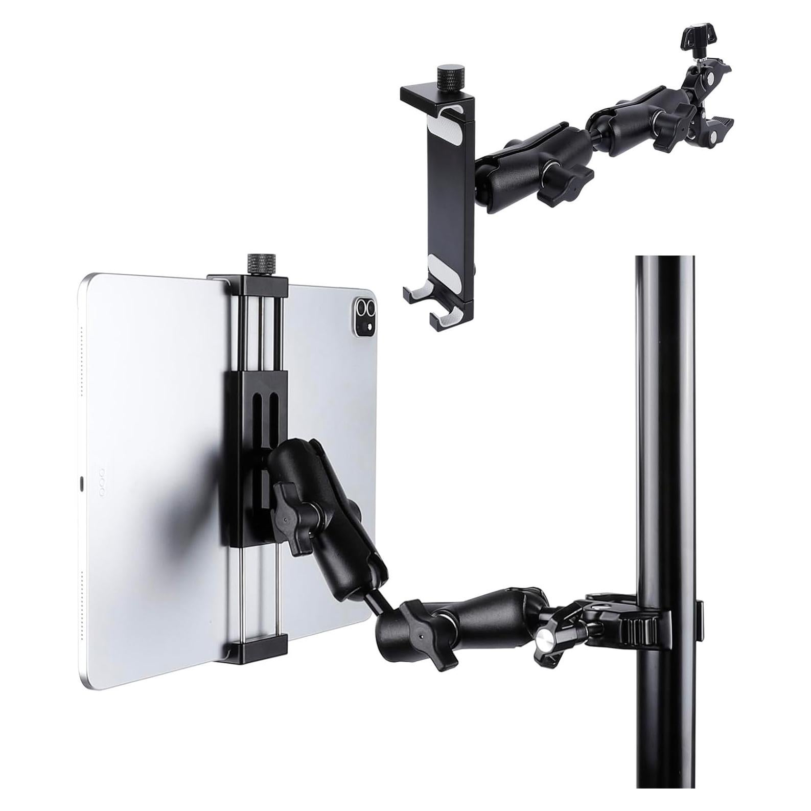 Aluminum Dual Arm Tablet Mount with Super Clamp for Rails 0.5'' to 2'' in Diameter, Side Mount Tablet Holder for Mic Stand, Compatible with iPad Pro 12.9 Air Mini, Galaxy Tab, 4.7-12.9" Tablets