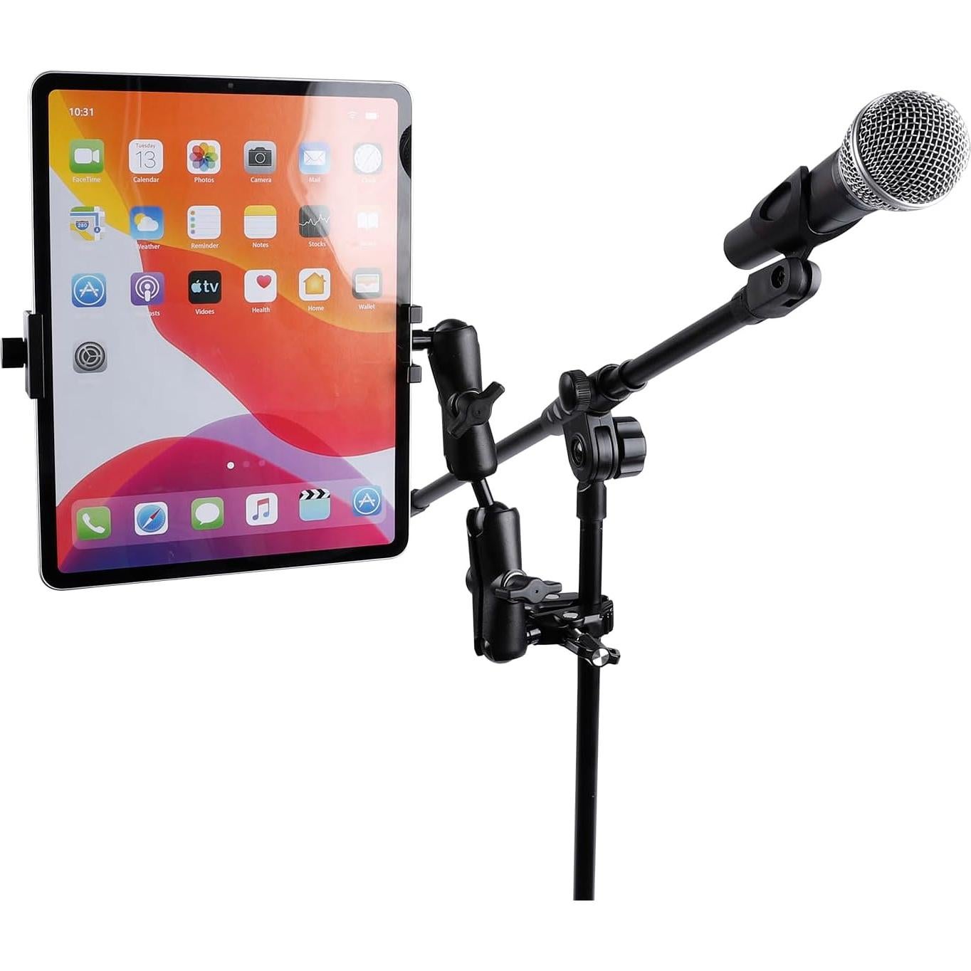 Aluminum Dual Arm Tablet Mount with Super Clamp for Rails 0.5'' to 2'' in Diameter, Side Mount Tablet Holder for Mic Stand, Compatible with iPad Pro 12.9 Air Mini, Galaxy Tab, 4.7-12.9" Tablets