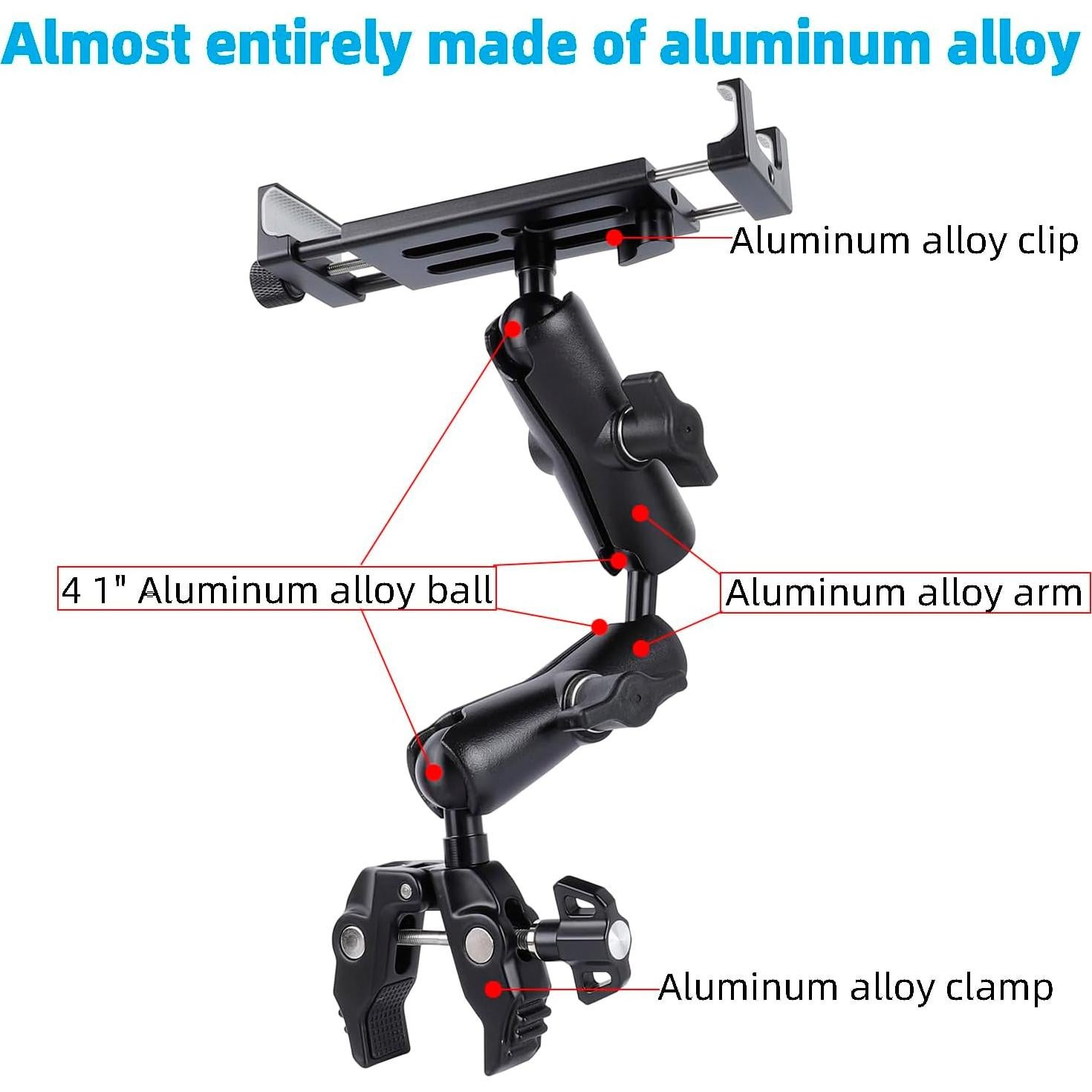 Aluminum Dual Arm Tablet Mount with Super Clamp for Rails 0.5'' to 2'' in Diameter, Side Mount Tablet Holder for Mic Stand, Compatible with iPad Pro 12.9 Air Mini, Galaxy Tab, 4.7-12.9" Tablets
