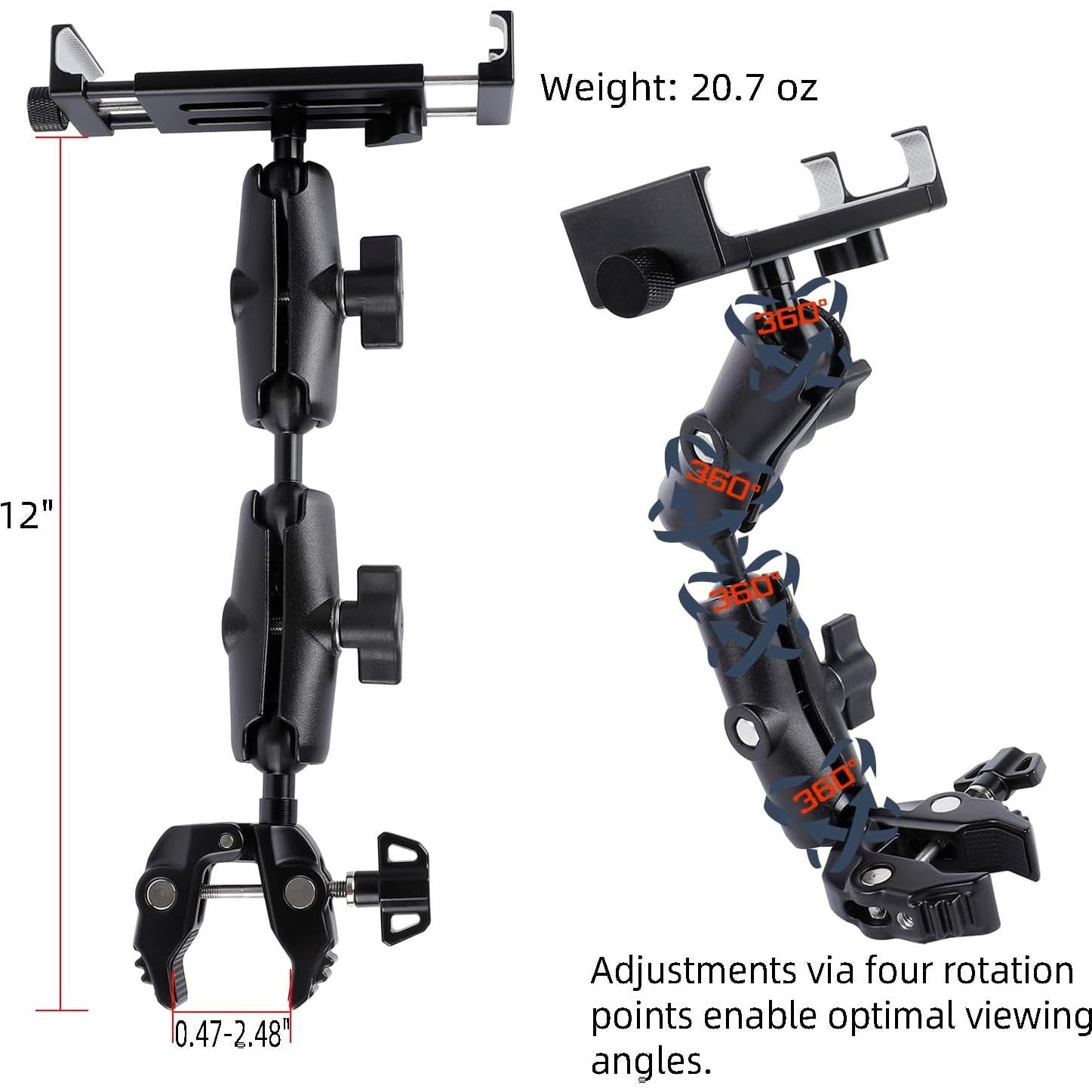 Aluminum Dual Arm Tablet Mount with Super Clamp for Rails 0.5'' to 2'' in Diameter, Side Mount Tablet Holder for Mic Stand, Compatible with iPad Pro 12.9 Air Mini, Galaxy Tab, 4.7-12.9" Tablets