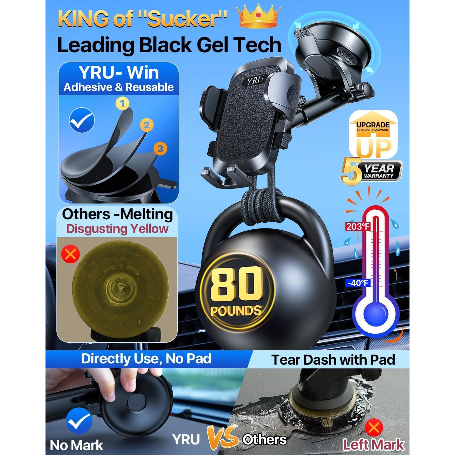 Soporte para Teléfono de Coche YRU C126 Negro 80LB Succión