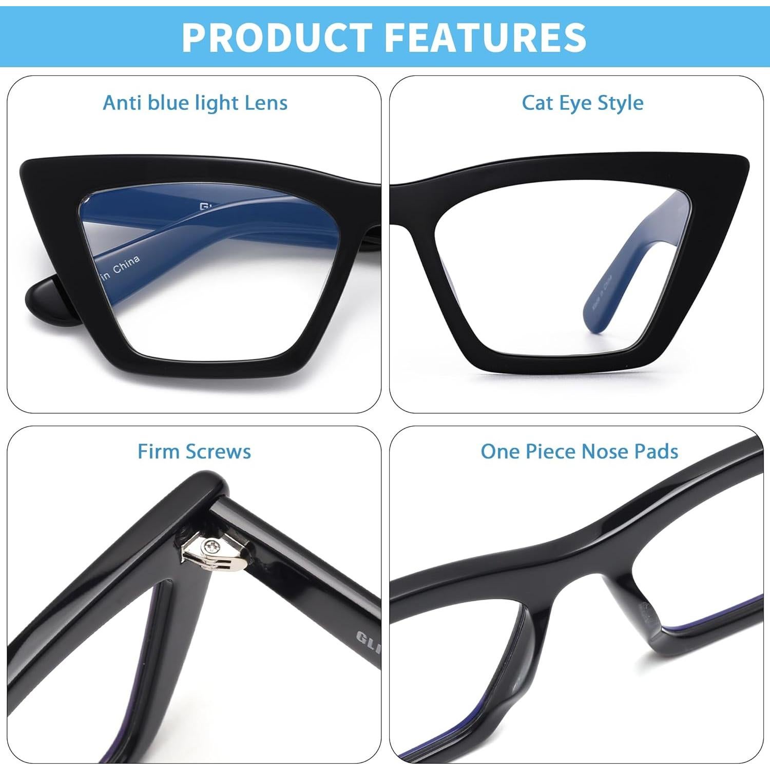 Gafas GLINDAR Cat Eye Anti Luz Azul Marco Acetato Negro