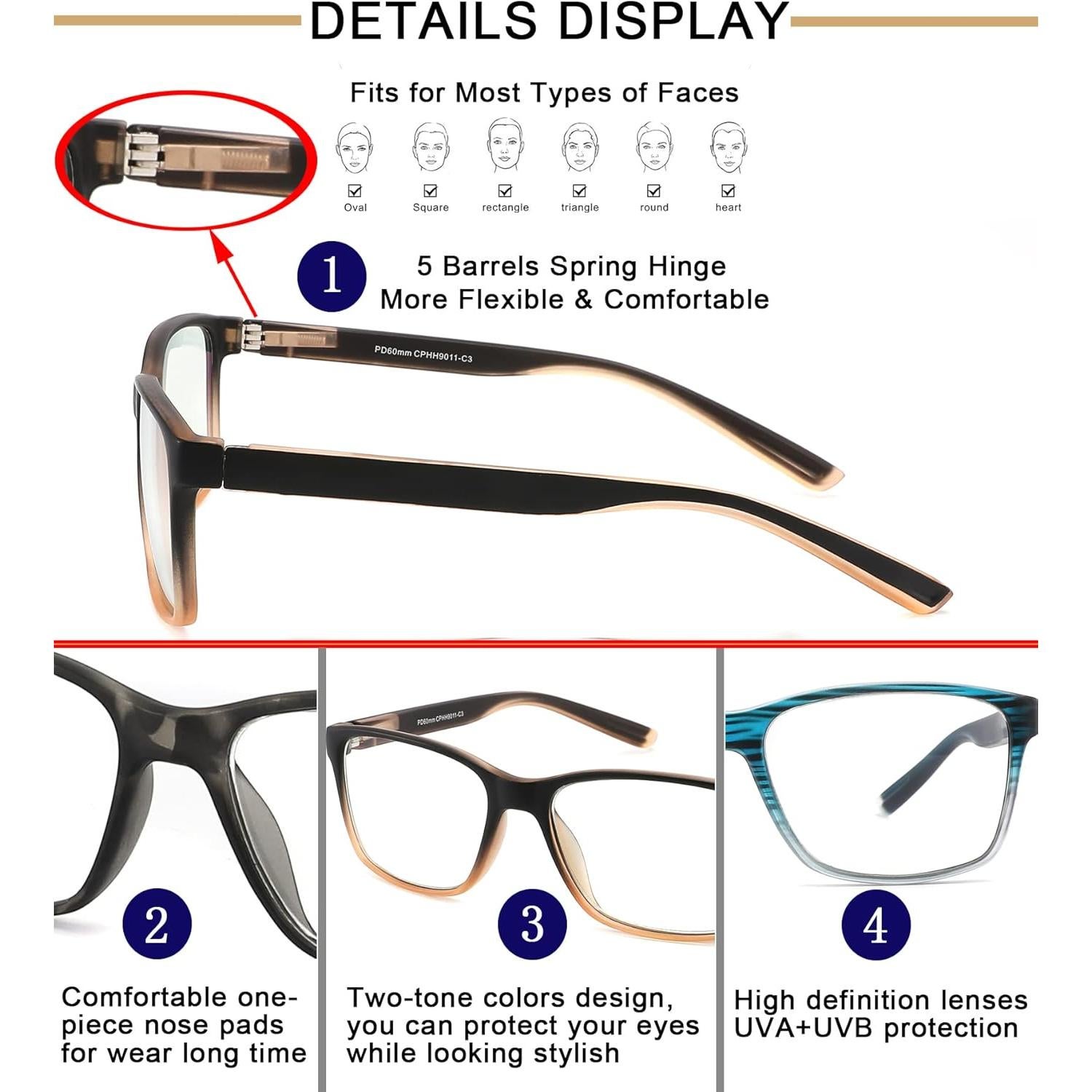 Paquete de 4 Gafas de Lectura Qingshun Filtro Luz Azul 1.0X