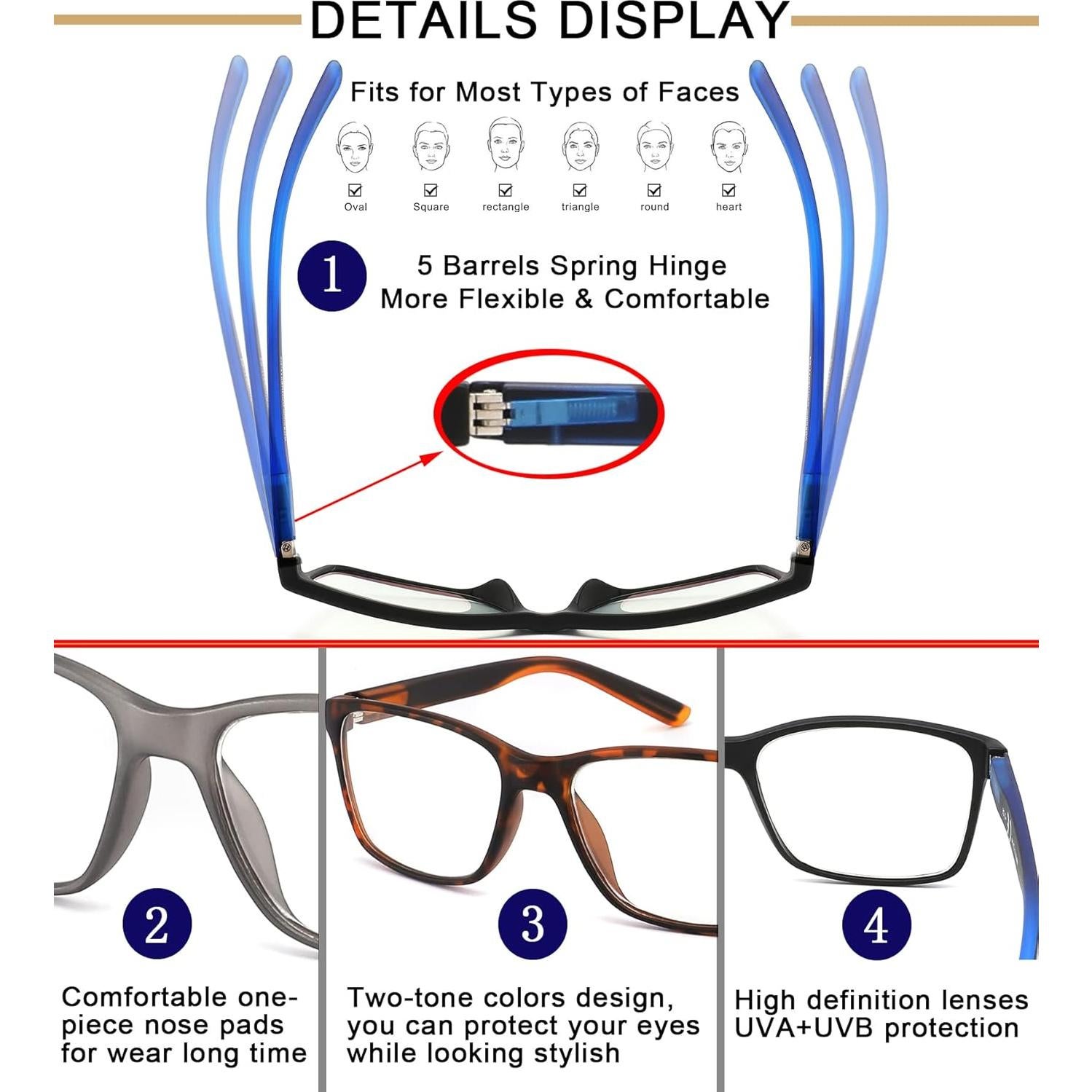 Gafas de lectura Qingshun 4 Pack +1.5x luz azul UV400