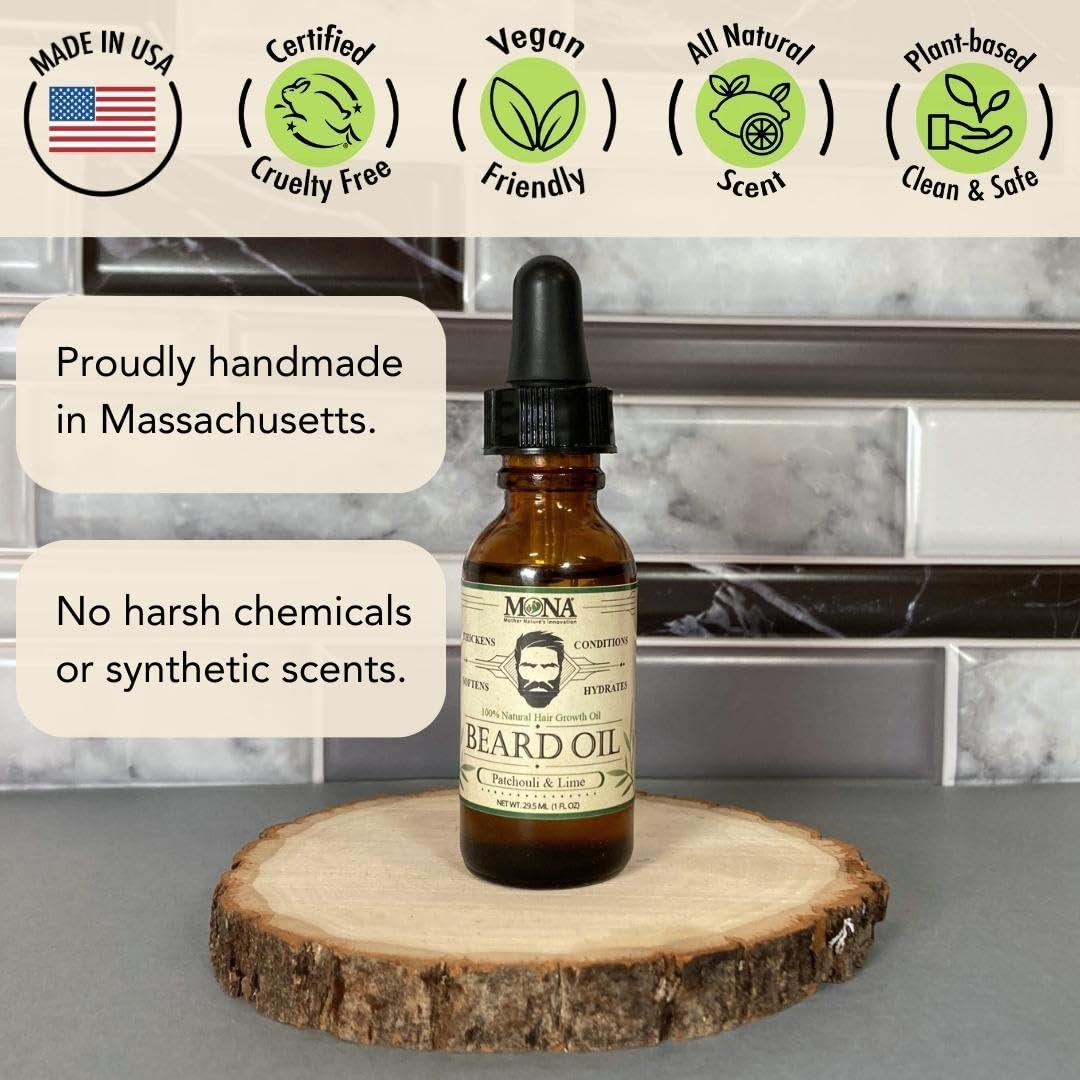 Aceite para Barba 100% Natural Mona Brands 29.57 ml - Pachulí y Lima