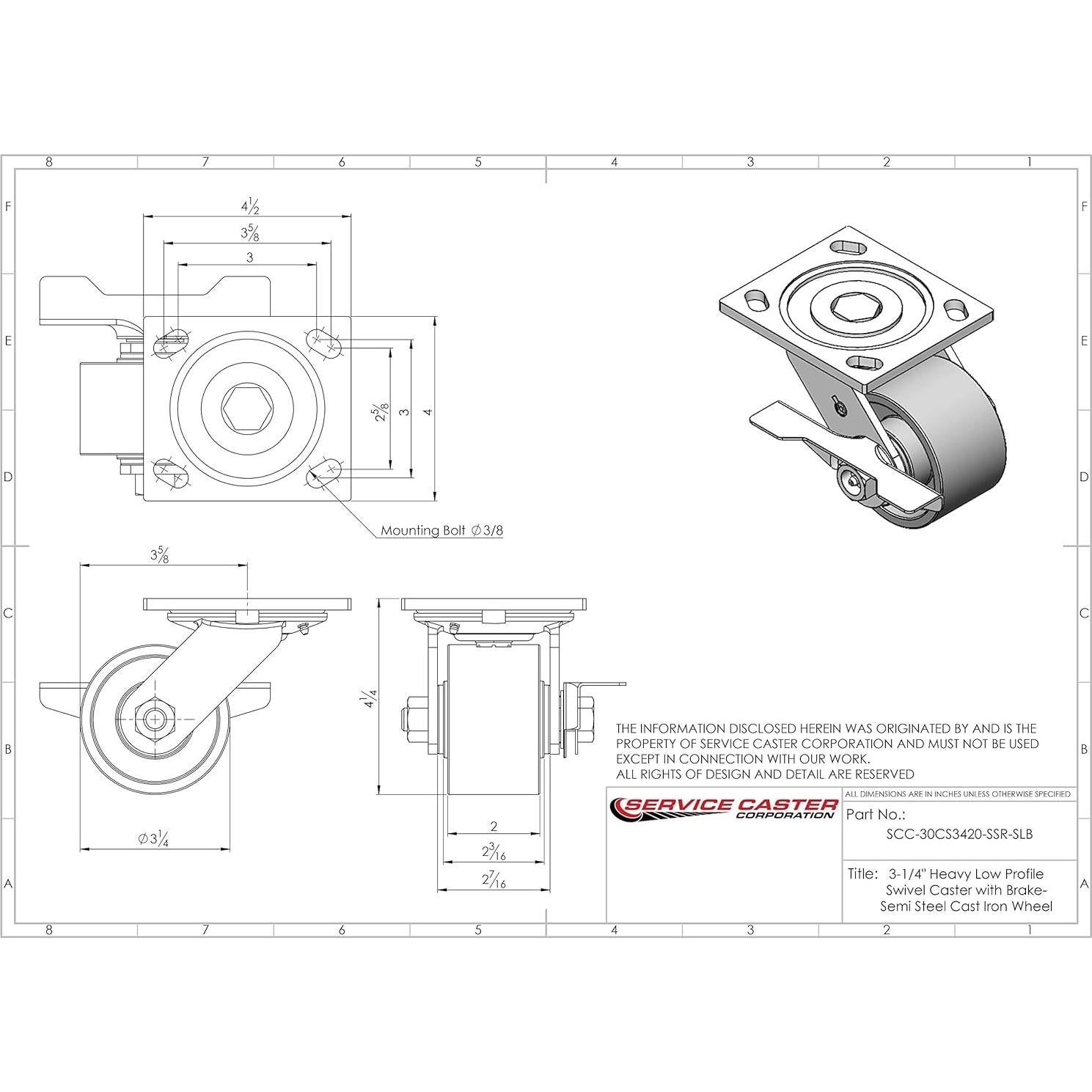 Juego de 4 Ruedas Giratorias Service Caster 3.25" 1270 kg