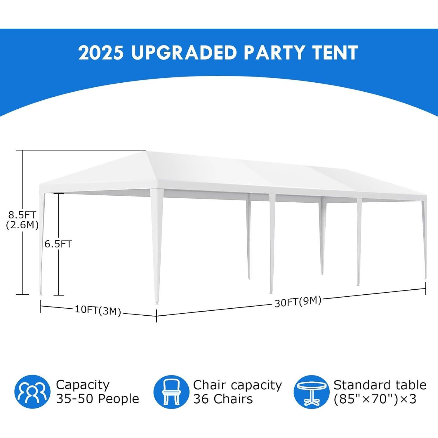 2025 Upgraded 10x30 Party Tent, Outdoor White Tents for Parties, Wedding, Large Canopy Tent with Walls, Big Event Gazebo Tent for Backyard, Garden, 8 Sidewalls