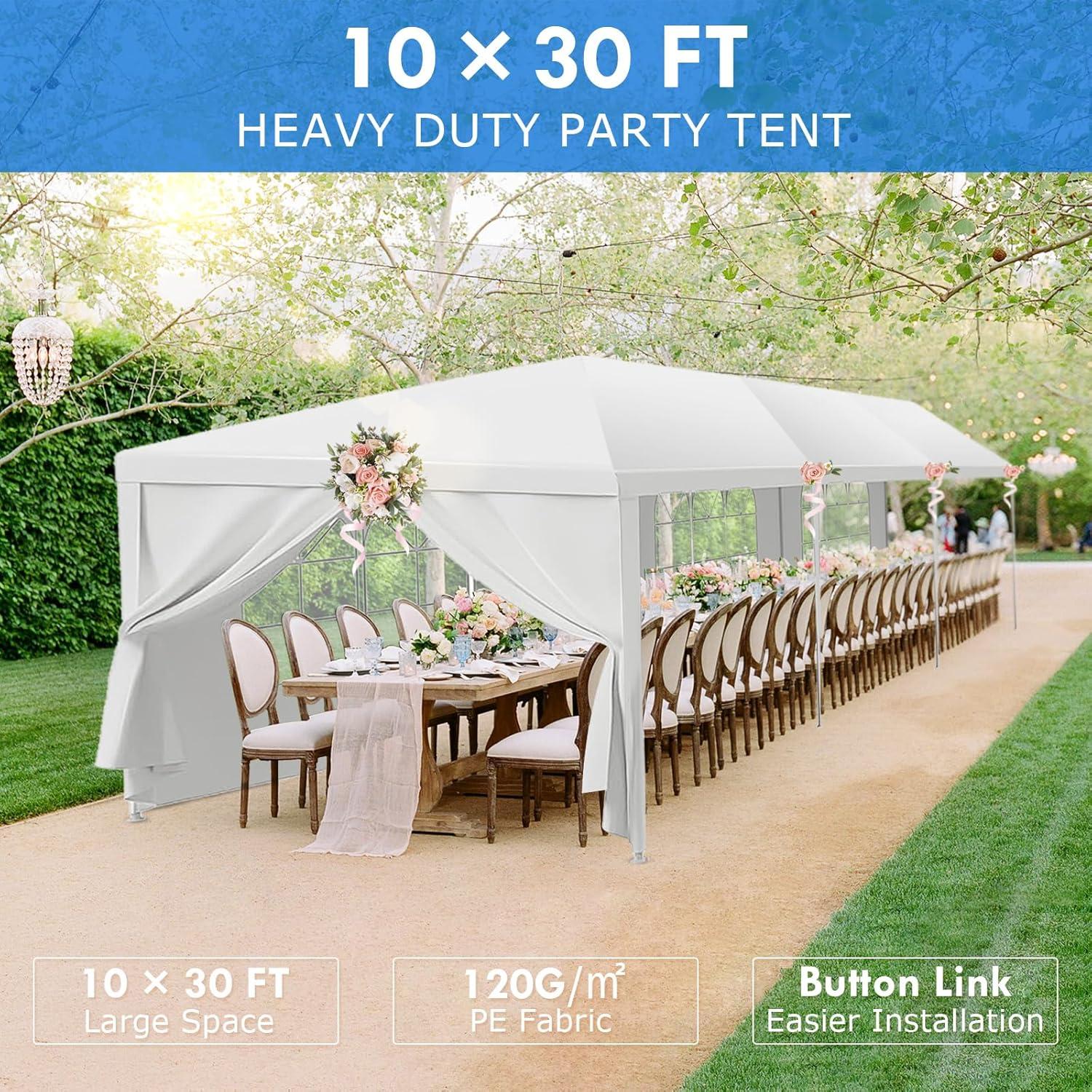 2025 Upgraded 10x30 Party Tent, Outdoor White Tents for Parties, Wedding, Large Canopy Tent with Walls, Big Event Gazebo Tent for Backyard, Garden, 8 Sidewalls